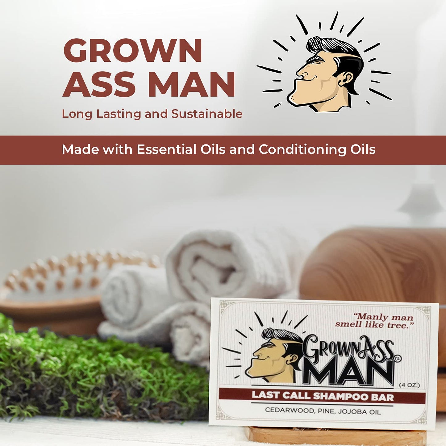 Grown Ass Man Co. - Solid Shampoo Bar Rich Lather 3 in 1: Hair, Beard & Body Wash - Plastic Free & Eco-Friendly, Natural & Organic Clean for All Hair Types, 4oz Bar (Last Call, Single)