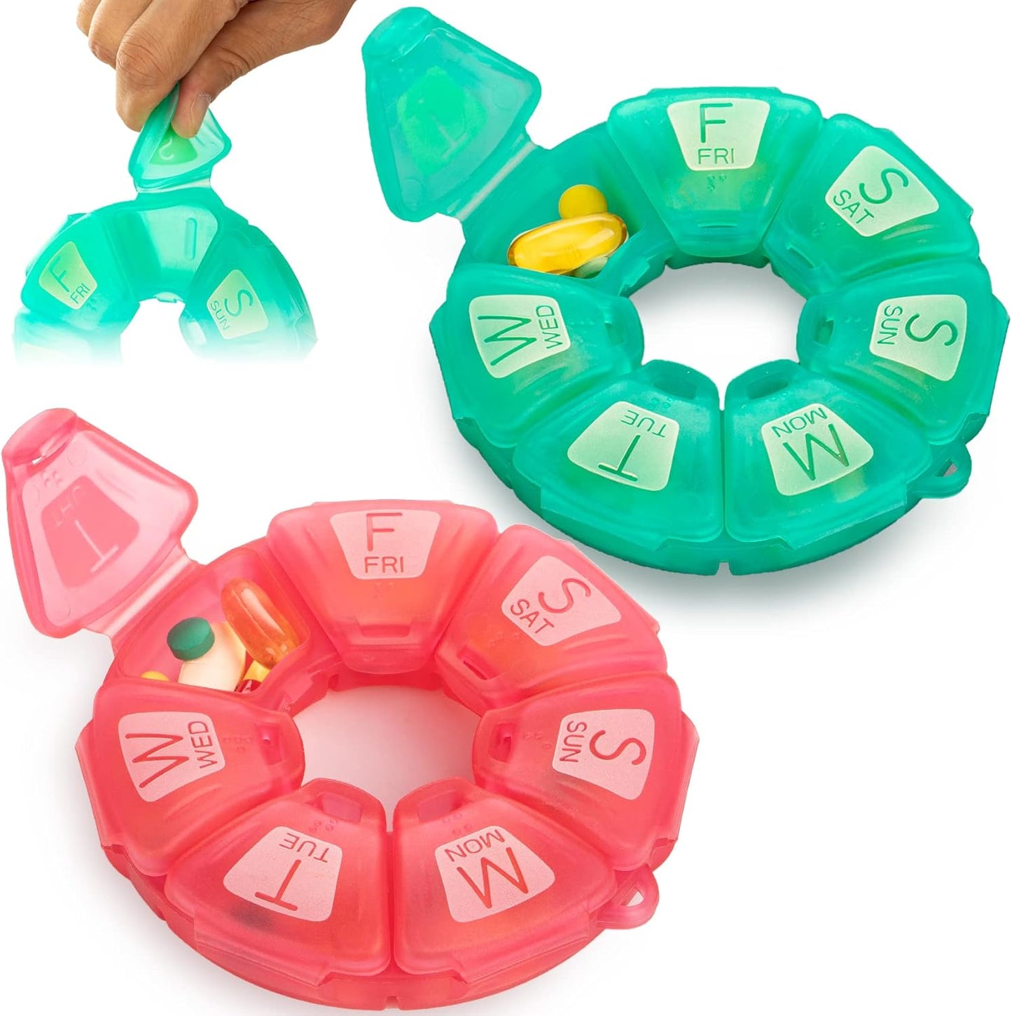 Round Weekly Pill Organizer, TPU Rubberized, Travel Pill Container 7 Day, with 7 Large Compartments, Cute Pill Case with Large Letters and Braille (2 pcs Green Rose)