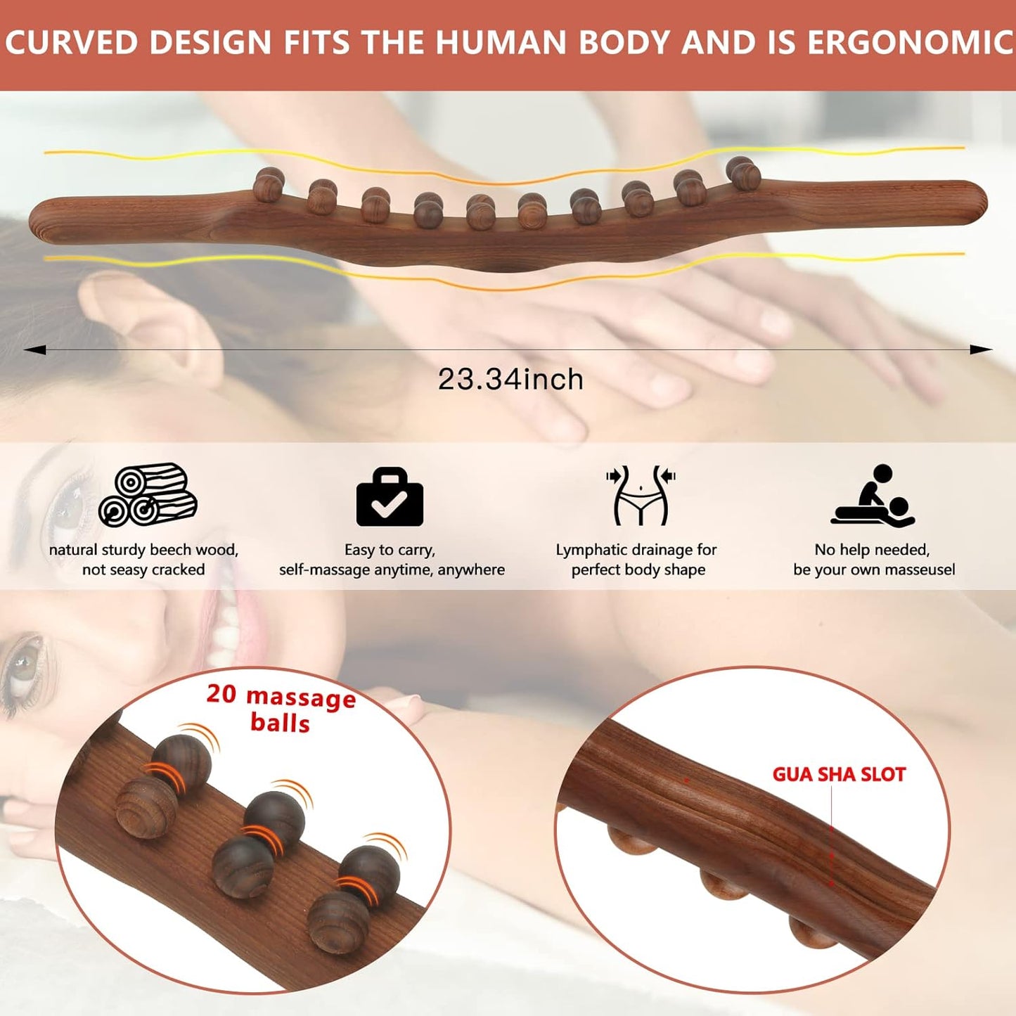 Wood Therapy Lymphatic Drainage Massage Roller Stick Tools, Myofascial Release Tool Stomach Cellulite Massager, Ease Neck Back Waist and Leg Pain Handheld Self Body Sculpting Massage Tool (20 Beads)