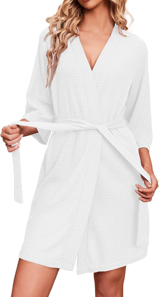 Ekouaer Robes for Women Waffle Knit Bathrobe Soft Lightweight Knee Length Loungewear S-XXL