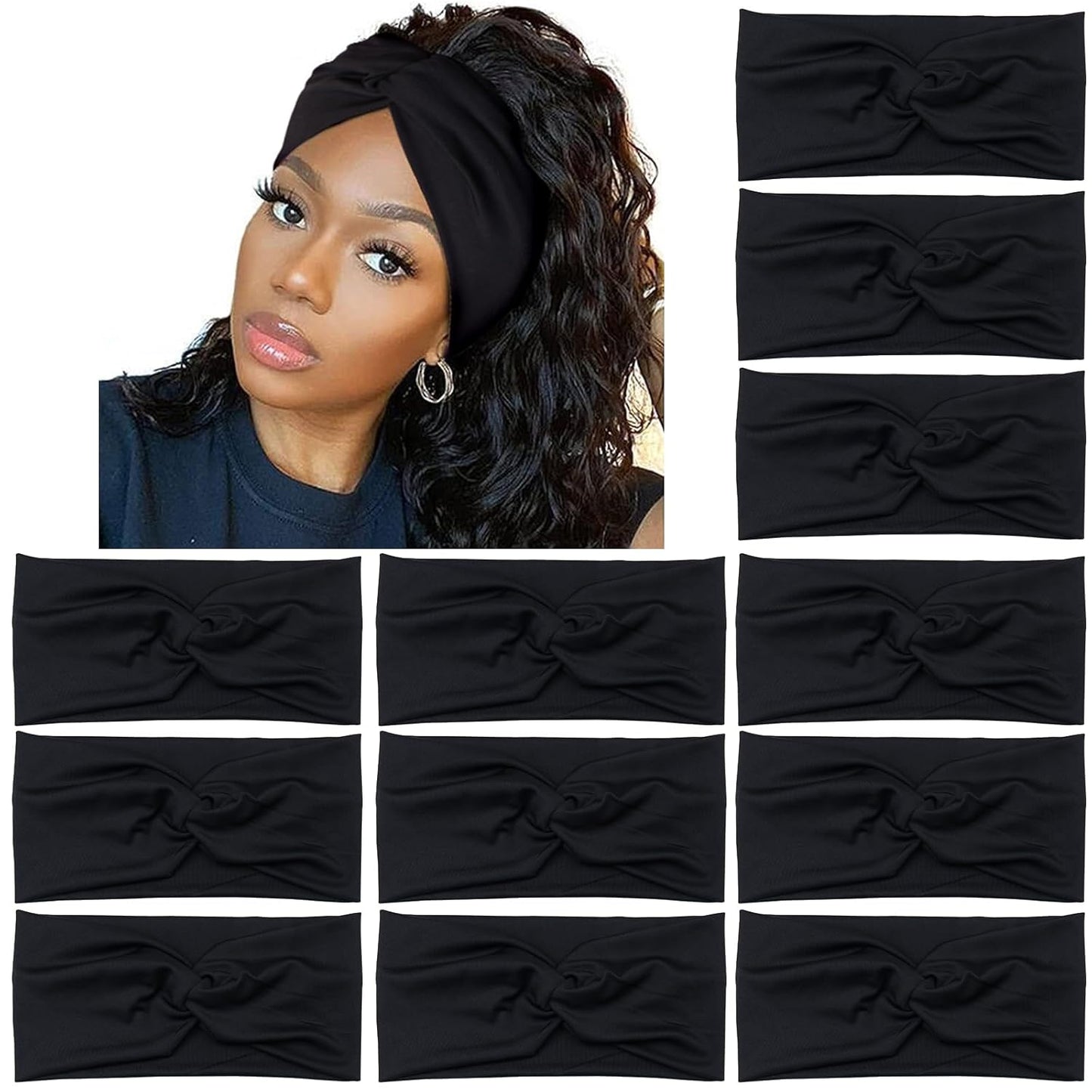 Yeshan Black Headbands for Women No slip Wide Stretchy Headbands Twist Knotted Headbands Yoga Workout Sport Hair bands,Pack of 12