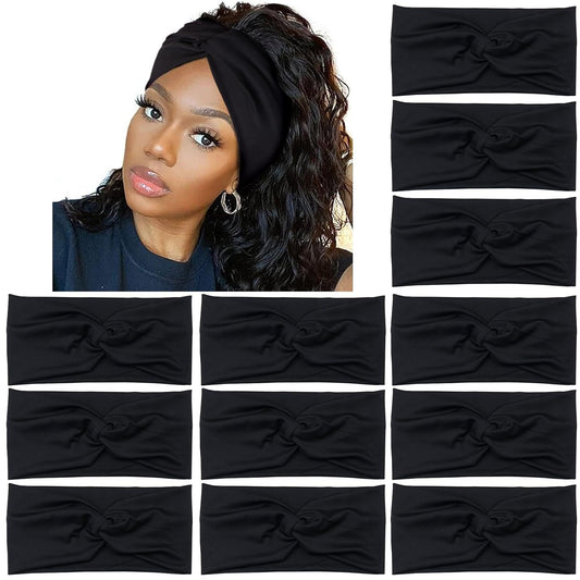 Yeshan Black Headbands for Women No slip Wide Stretchy Headbands Twist Knotted Headbands Yoga Workout Sport Hair bands,Pack of 12