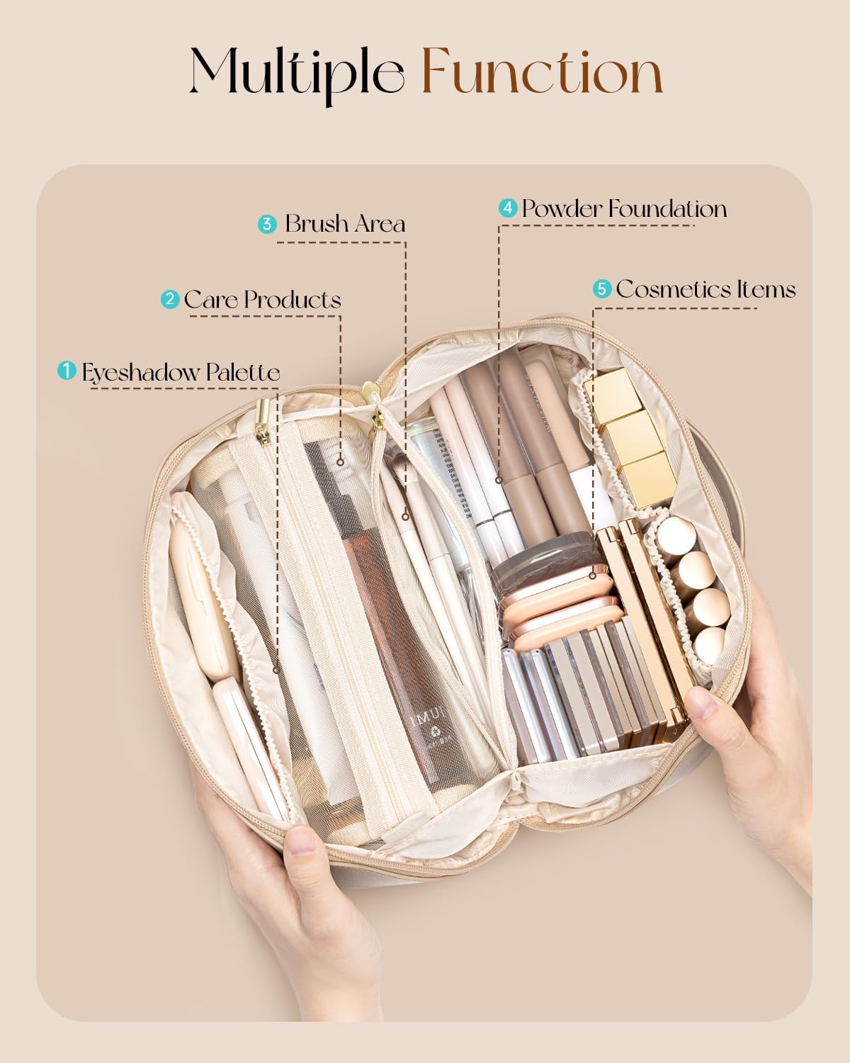 Vlando Makeup Bag,Large Capacity Travel Toiletry Bag,Cosmetic Bags for Women PU Leather Waterproof Portable Pouch with Divider & Handle-Toffee