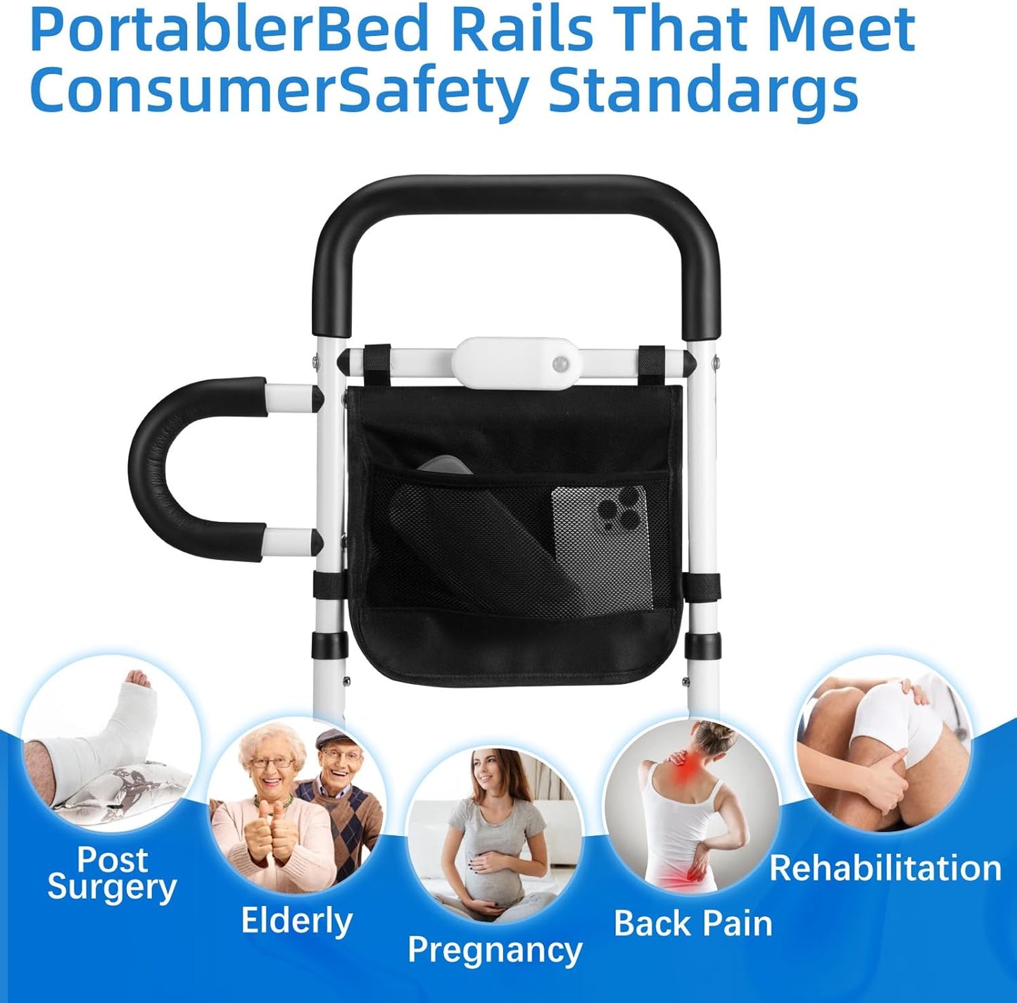 Bed Rails for Elderly Adults Safety, Adjustable Bed Rail with LED Motion Sensor Light, Bed Handle Bedside Assist for Grab Bar with Storage Pouch, Bed Side Rails Fits Twin Full Queen King Grey