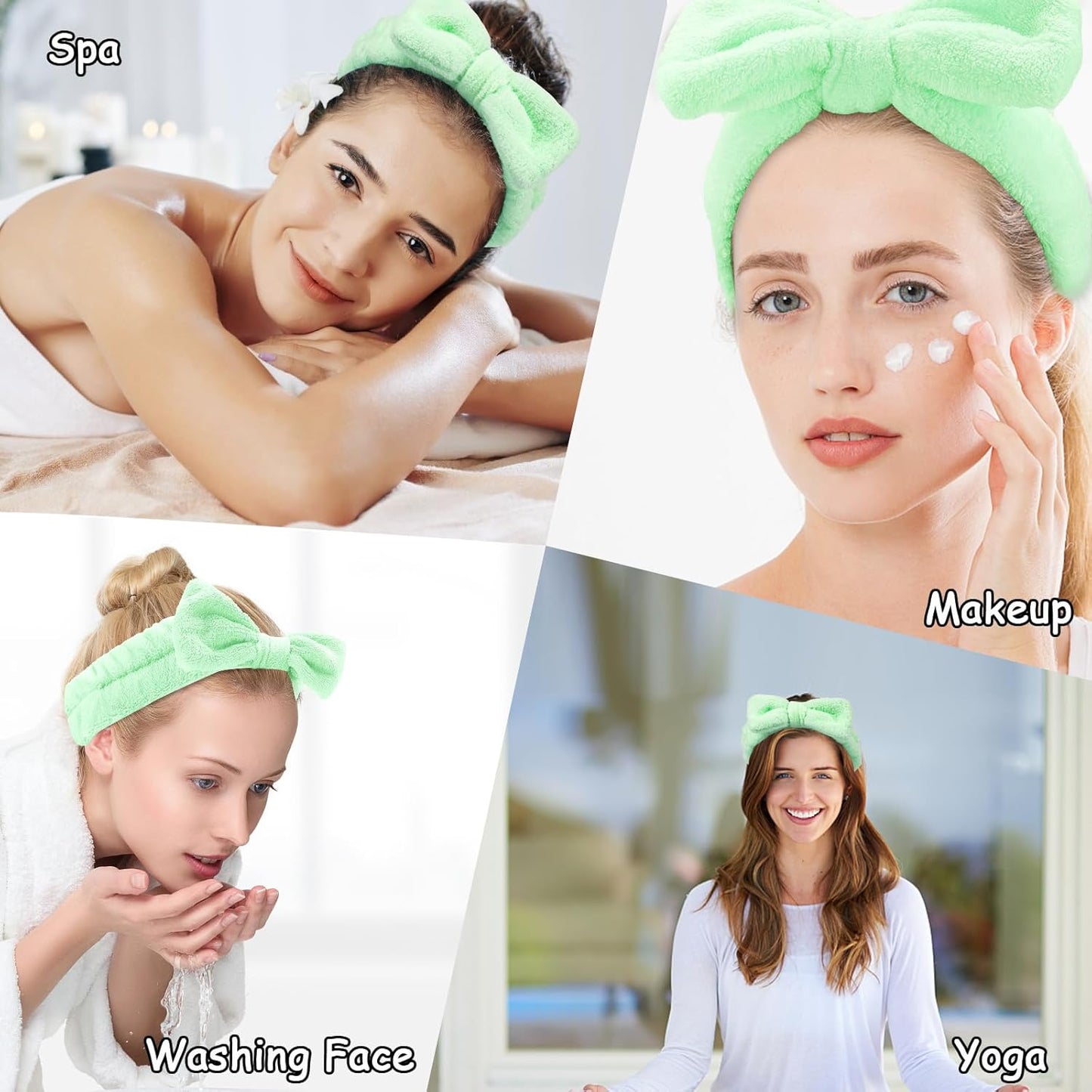 Casoty 6 Pcs Green Spa Headbands, Skin Care Headband, Soft Coral Fleece headbands for makeup, Bow Hair Band for Face Washing Shower Skin Care Yoga