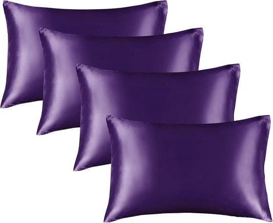 BEDELITE Satin Pillowcase for Hair and Skin, Super Soft Similar to Silk Pillow Cases 4 Pack with Envelope Closure, Cooling Pillowcases for Women Men (20"x26" Standard Size, Plum Purple)