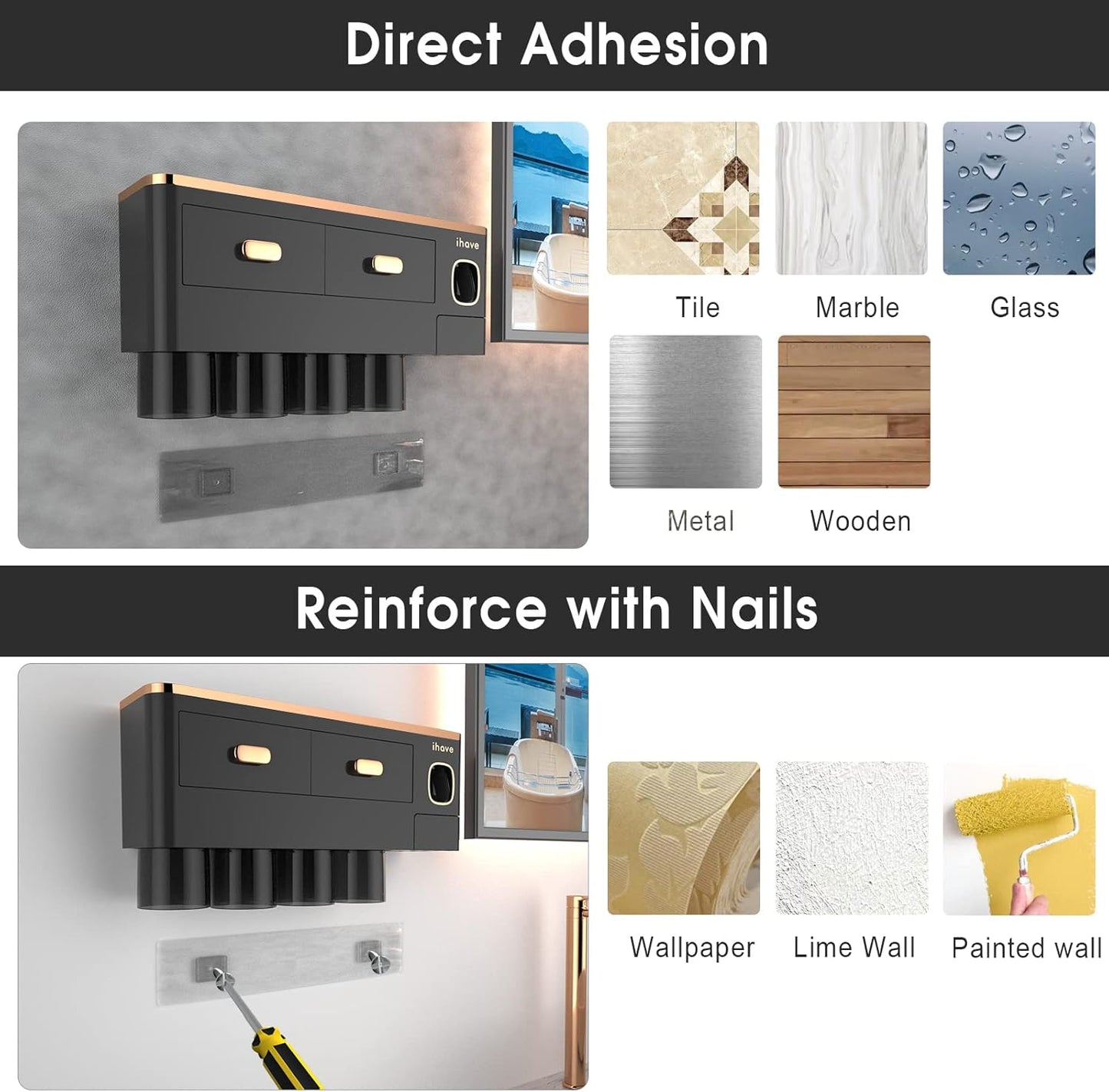 iHave Toothbrush Holders for Bathrooms - Upgrade Wall Mounted Toothbrush Holder with Toothpaste Dispenser - 4 Cups, Large Capacity Tray, 2 Cosmetic Drawer - Bathroom Organizers and Storage