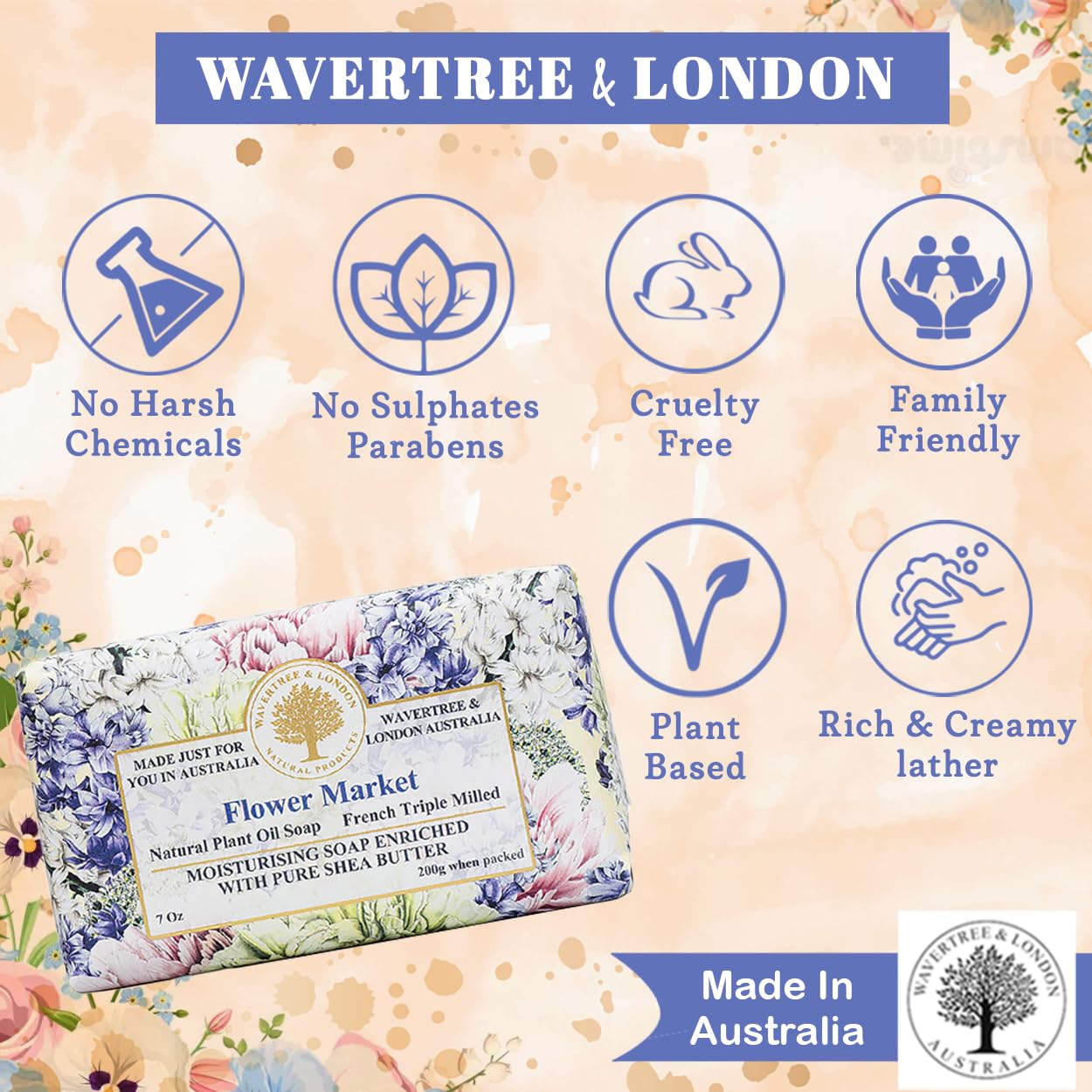 Wavertree & London Flower Market Scented Natural Soap (8 Bars), 7oz Moisturizing French Triple Milled Soap Bars enriched with shea butter - Pure Plant Oil Bath & Body Bars for All Skin Types