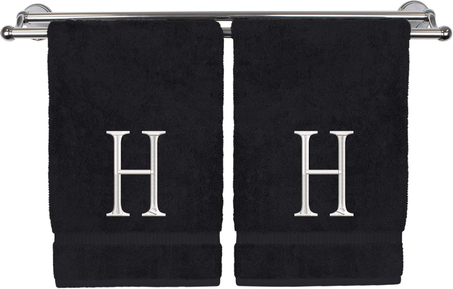Monogrammed Hand Towel, Personalized Initial Gift, Extra Absorbent 100% Turkish Cotton - Soft Terry Finish - Set of 2 - White Block Initial H - Embroidered on Black Towels