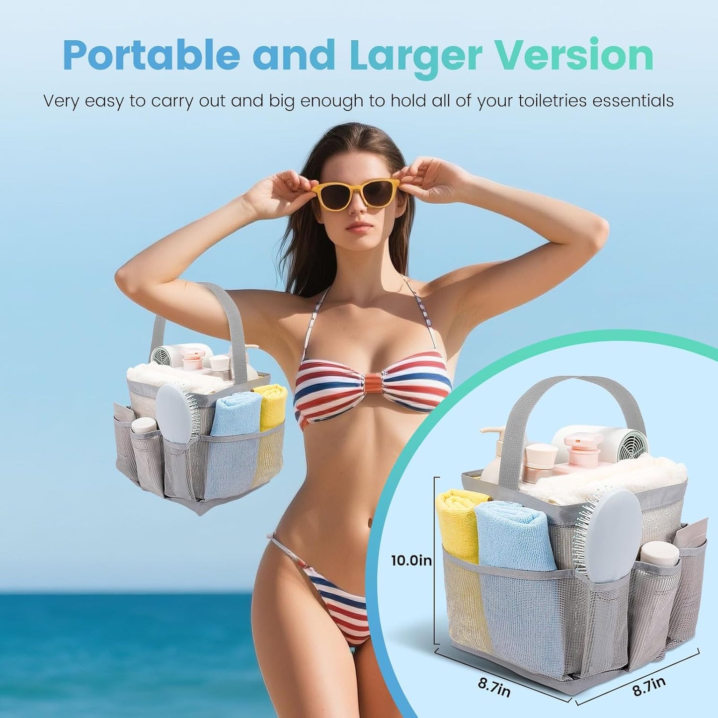 Shower Caddy for College Dorm Room Essentials for Girls with 9 Pockets,Large-Capacity Shower Basket,Quick Dry Toiletry Tote Bag for Outdoor Gym,Travel,Swim,Beach Camping Essentials-Black and Grey