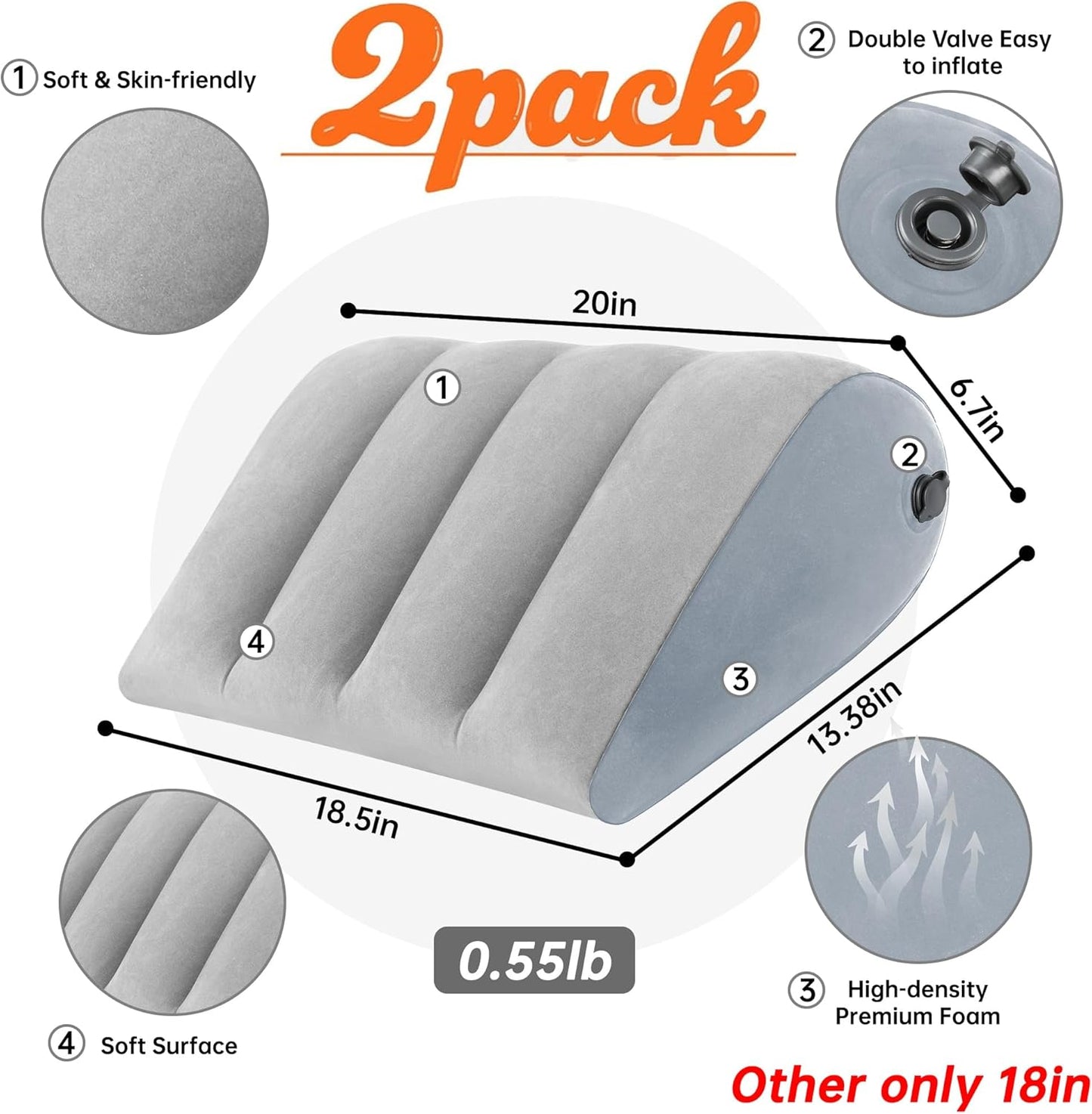 Portable Inflatable Wedge Pillow 2 Pack,Body Positioner for Sleep Support, Large 20in Adjustable Travel Cushion - Lightweight Bed/Leg/Partner Support Pillow, Fast Inflation, Grey