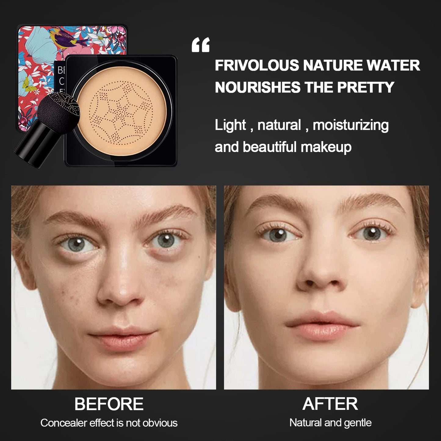 NUIBO 2PCS Air Cushion CC Cream Mushroom Head, Moisturizing Concealer Makeup Base, Primer Liquid Foundation Long Lasting with Two Mushroom Makeup Sponges 【Natural X 2】