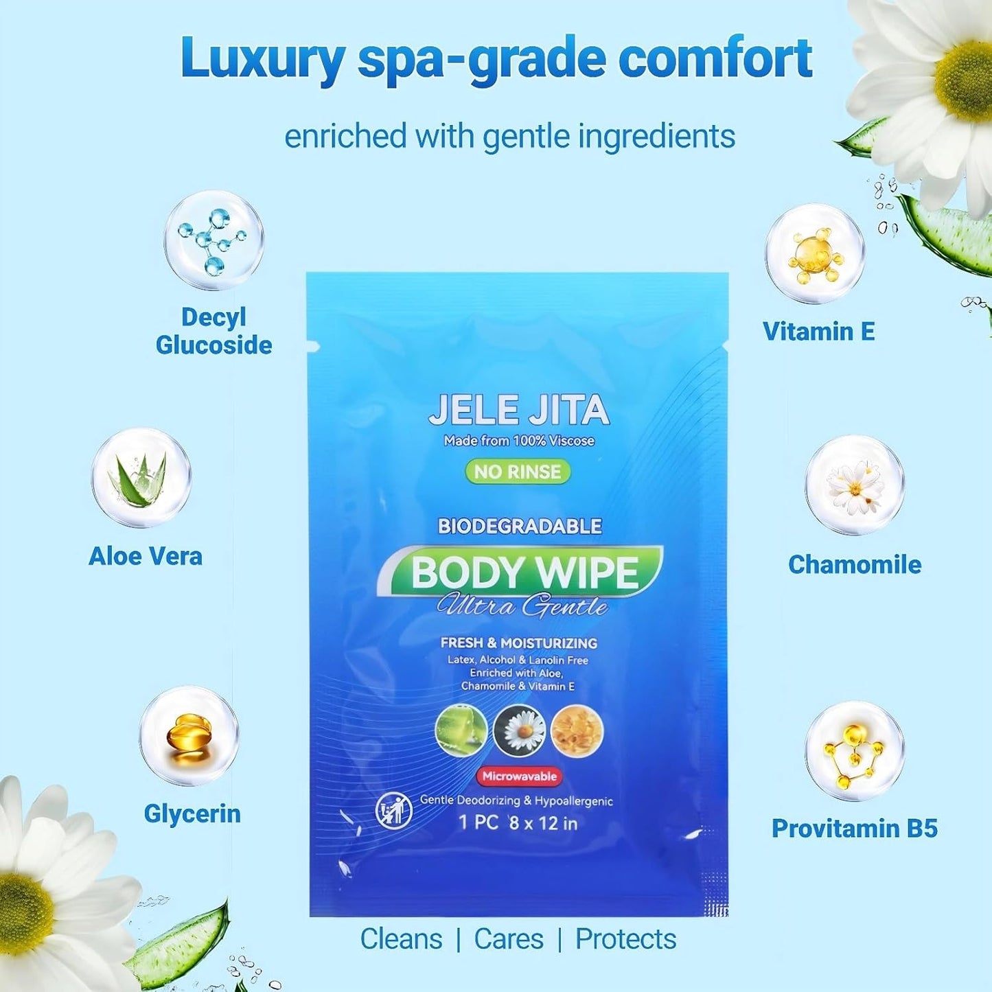 Ultra Gentle Body Wipes No Rinse, 30 Individually Wrapped Personal Hygiene Shower Wipes for Women and Men, Spa-Grade Comfort, Biodegradable, Great for Gym Travel Camping Post Surgery 8"x12" Unscented