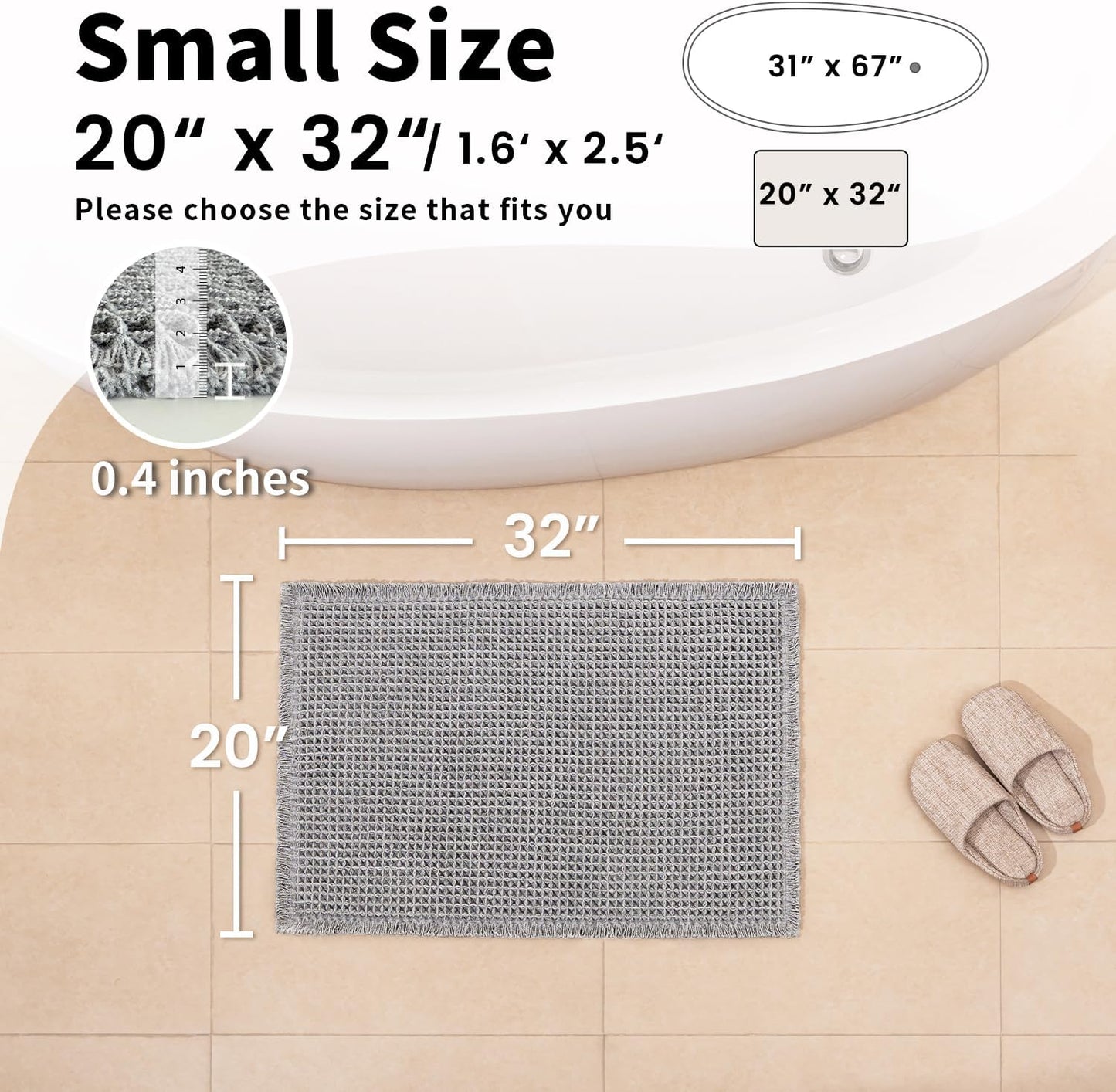 Waffle Bath Mat - Boho Bathroom Rugs Non Slip Washable, Super Absorbent & Quick Dry, Soft Bath Mat Farmhouse Bathroom Decor, 20'' x 32'', Light Grey