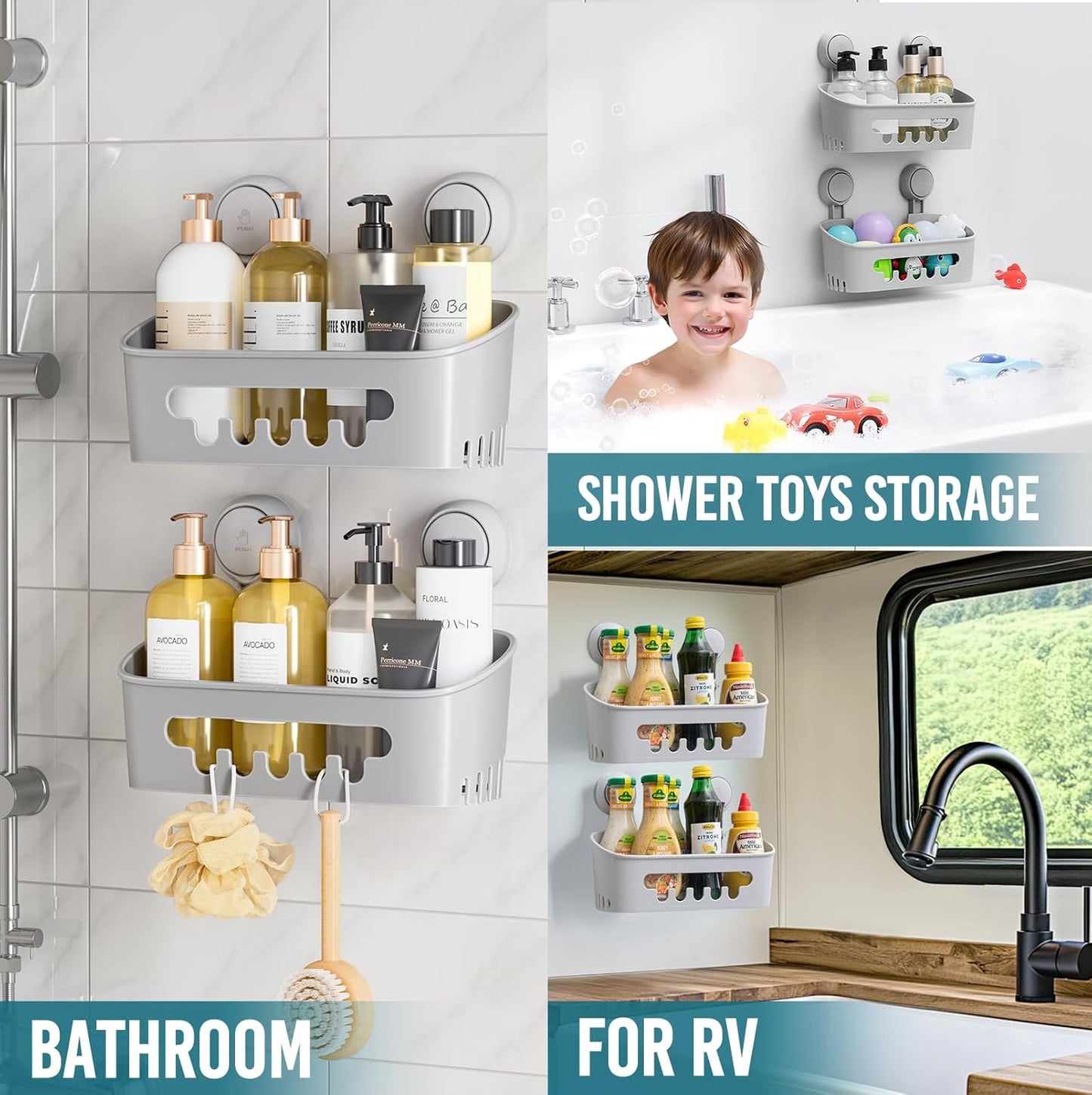 TAILI Shower Caddy Suction Cup 2 Pack, Heavy Duty Bathroom Organizer, Removable Shelves for Inside Shower, Shampoo, Waterproof Suction Plastic Storage for Bathroom Accessories Holder, Gray