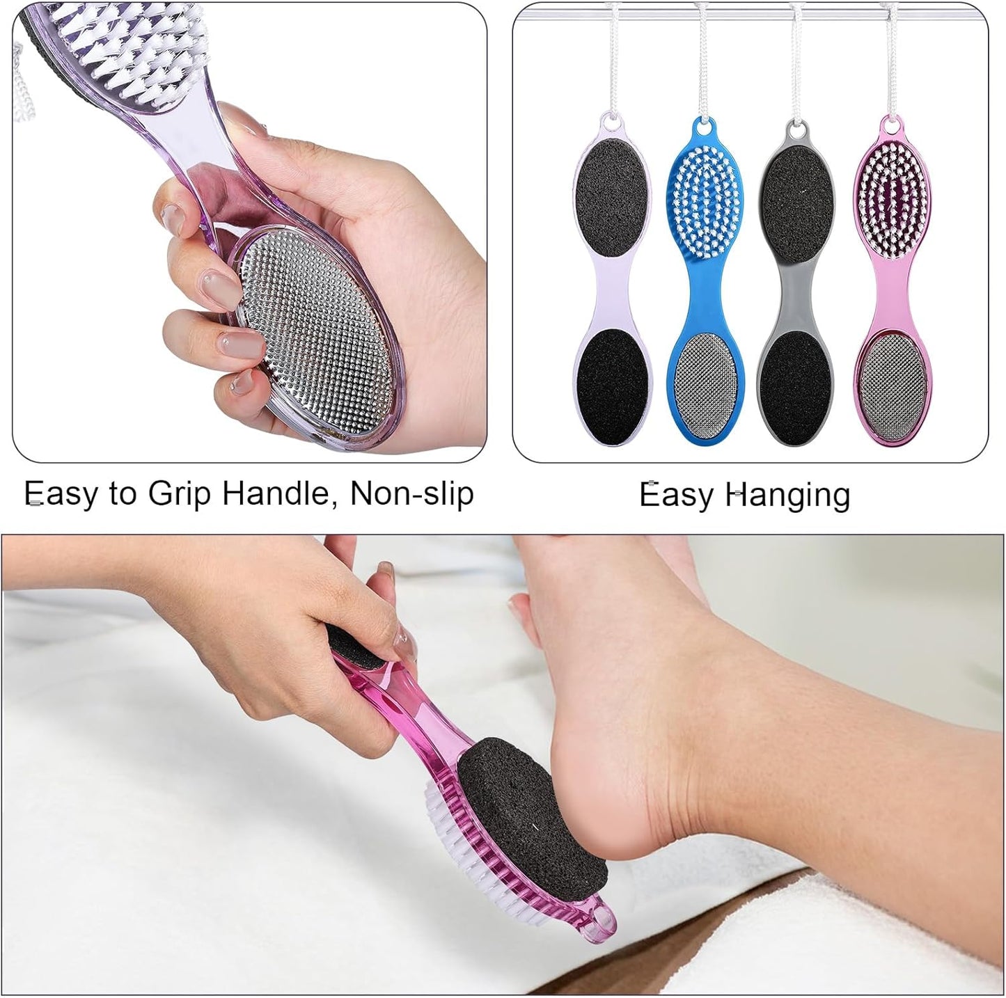 Pumice Stone Brush for Feet 4 in 1, Foot File Callus Remover, Foot Rasp and Sand Paper Pedicure Tools with Handle, Shower Foot Scrubber, Soft Smooth Feet for Home Foot Care,4 Pack