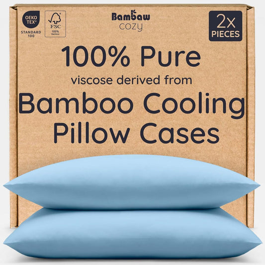 Bambaw 100% Viscose Derived from Bamboo Pillowcases Queen Size – Set of 2 Cooling Pillow Cases Queen Size with Envelope Closure, Super Soft Pillow Cases, Anti Acne Pillow Case (Dream Blue)