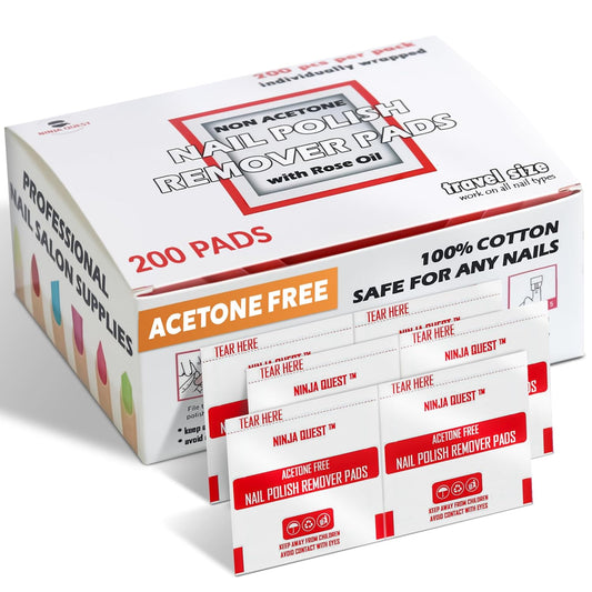 Nail Polish Remover Pads 100% Non Acetone - 200 Pack of Individually Wrapped Bulk Set Gel Nail Polish Remover Wipes - Fingernail Travel Kit to Clear Nail Polish for Home & Professional Removal