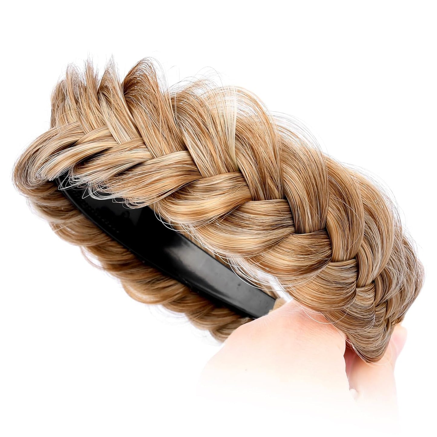 DIGUAN Wide Messy Braided Headband With Teeth Synthetic Hair Plaited Headband High Elasticity Braids Chunky Fishtail Braided Hair Band Hairpiece for Girls Women Beauty Accessory (Caramel Blonde)