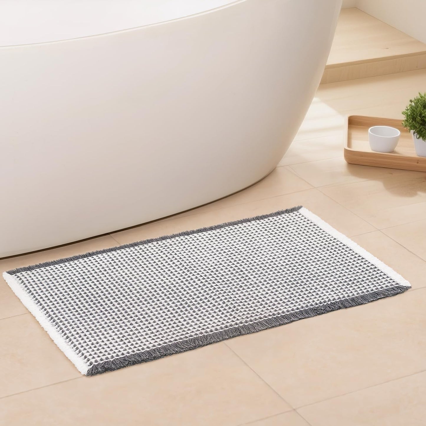 Waffle Bath Mat - Boho Bathroom Rugs Non Slip Washable, Super Absorbent & Quick Dry, Soft Bath Mat Farmhouse Bathroom Decor, 20'' x 32'', Dark Grey and White