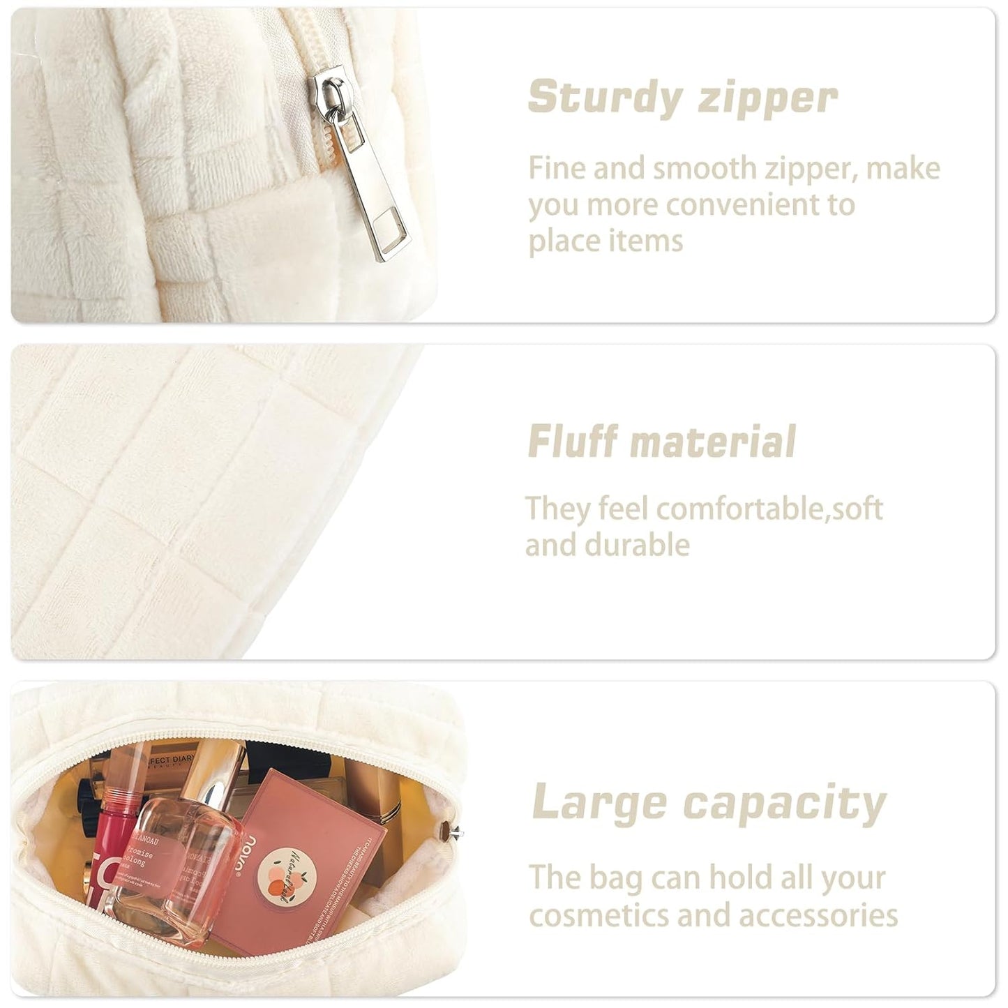 ZLFSRQ 2Pcs Pencil Case Cute Pencil Pouch for Teens Plush Makeup Bag Travel Cosmetic Bag Set White Makeup Pouches Purse Preppy Zippered Toiletry Bags Organizer Trendy Zipper Skincare Storage Organizer