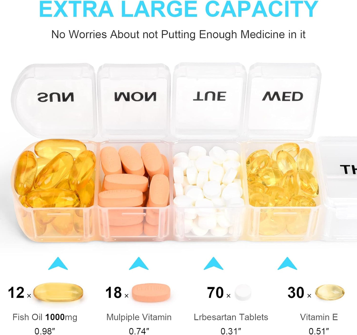 Large Weekly Pill Organizer 2 Pack,Daily Vitamin Case Box 7 Day with XL Compartment,Travel Friendly Medicine Organizer for Cod Liver Oil Supplements