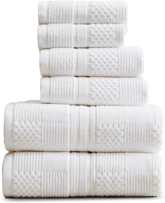 Springtree Home 100% Cotton Bathroom Towel Set | 6 Piece Set - White Towels | Geometric Textured Design | Absorbent & Quick-Dry | Oeko-TEX® Standard 100 Cotton | Myla Collection - White