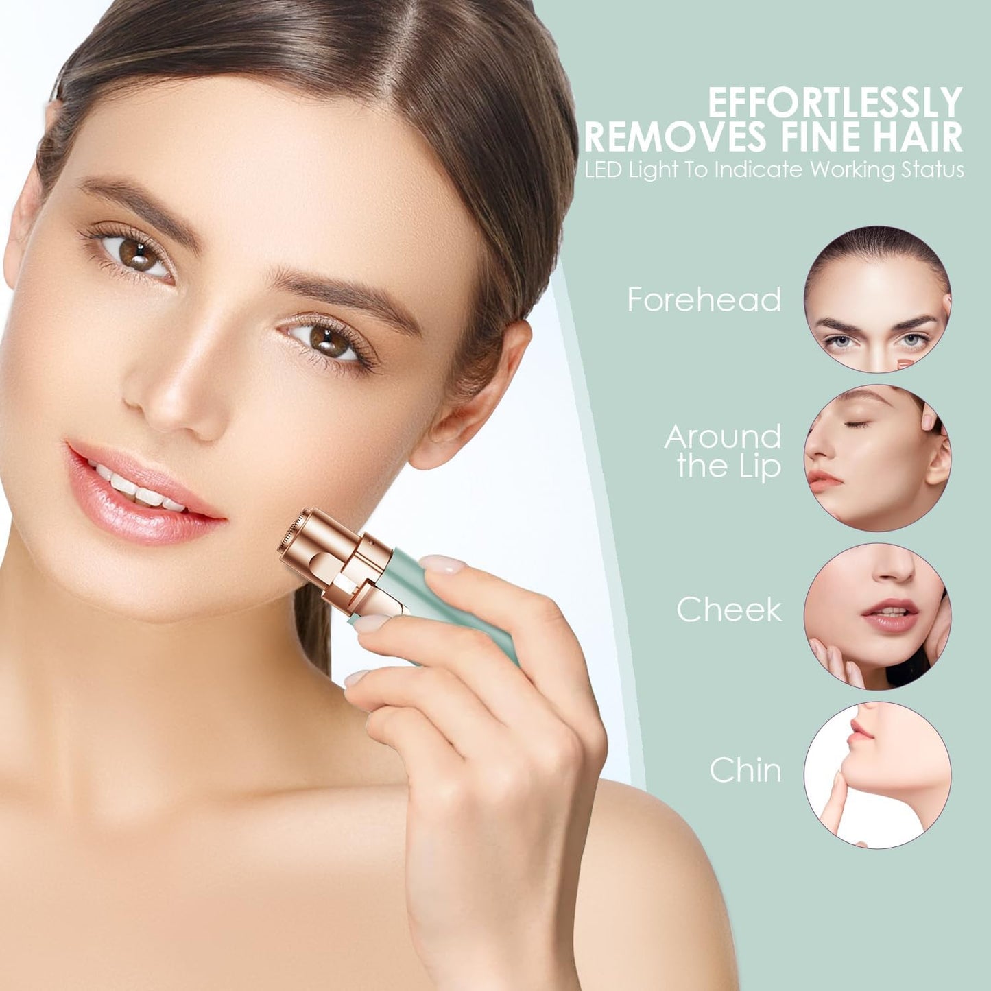 VG VOGCREST Eyebrow Facial Trimmer: 2 in1 Rechargeable Facial Hair Removal and Eyebrow Shaver - Face Lips Body Painless Facial Razor with Built-in LED Light (Pastel Green)