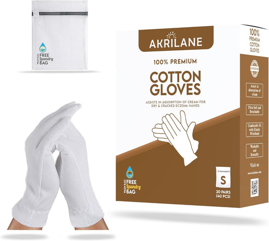 S Small 20 Pairs 100% Premium Cotton Gloves for Dry Hands | Moisturizing Overnight Gloves for Eczema, Psoriasis & Skin Spa Treatment for Women & Men | Washable & Reusable with Free Laundry Bag