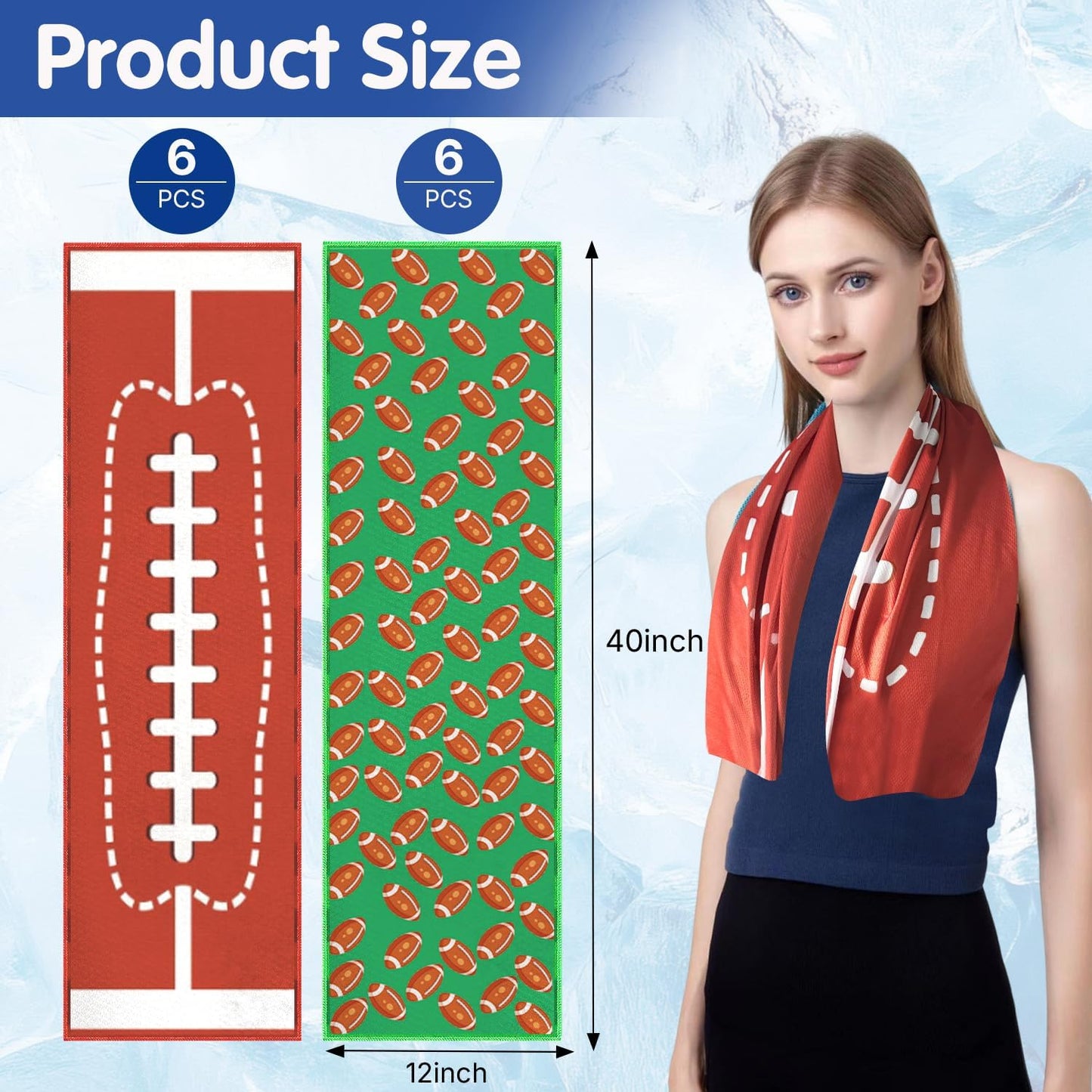 OPSO Softball Cooling Towel Set, 40 x 12 inches, 12 Pack, Microfiber Sports Towels for Baseball, Soccer, Golf LCE Towel Microfiber Sports Towels for Player (Football 3)