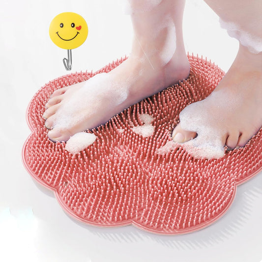 Foot Scrubber in Shower,Shower Foot Scrubber Mat,Silicone Body Scrubber with Suction Cups,Bath Feet Scrub Mat with Storage Hook(Pink)