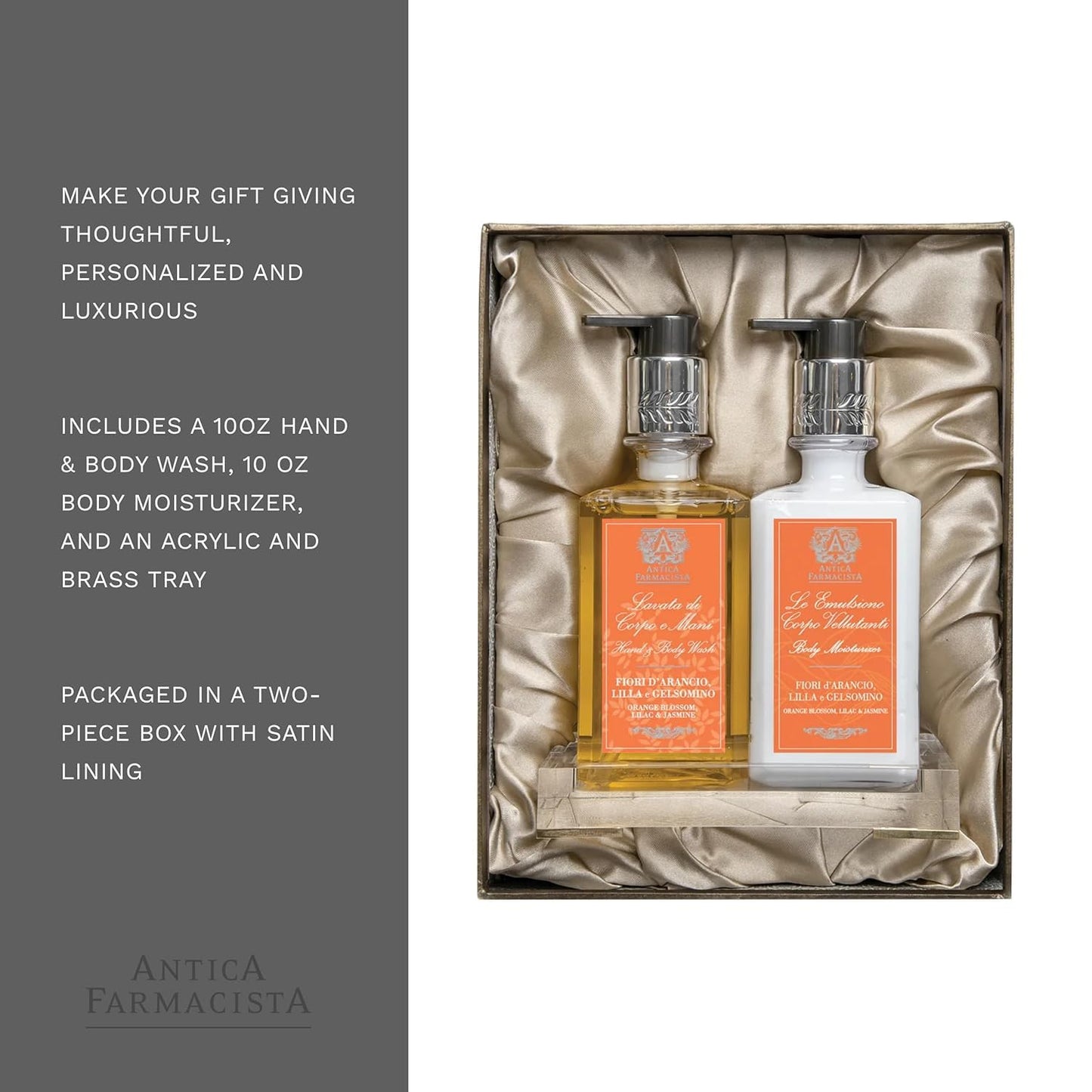 Antica Farmacista Acrylic Bath & Body Gift Set - Includes Body Wash, Body Moisturizer & Acrylic Tray - Bath & Body Gift Set for Women - Orange Blossom, Lilac & Jasmine