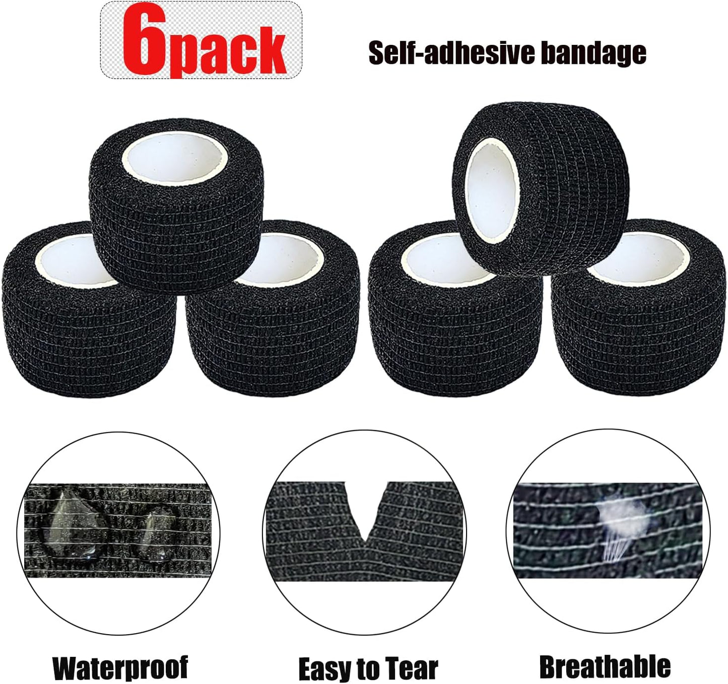 Hysiwen 6 Pack 1" x 5 Yards Self Adhesive Bandage Breathable Cohesive Wrap Self Adherent Vet Tape Self Stick Bandage Wrap for Sports, Athletic, Wrist, Ankle(Black)