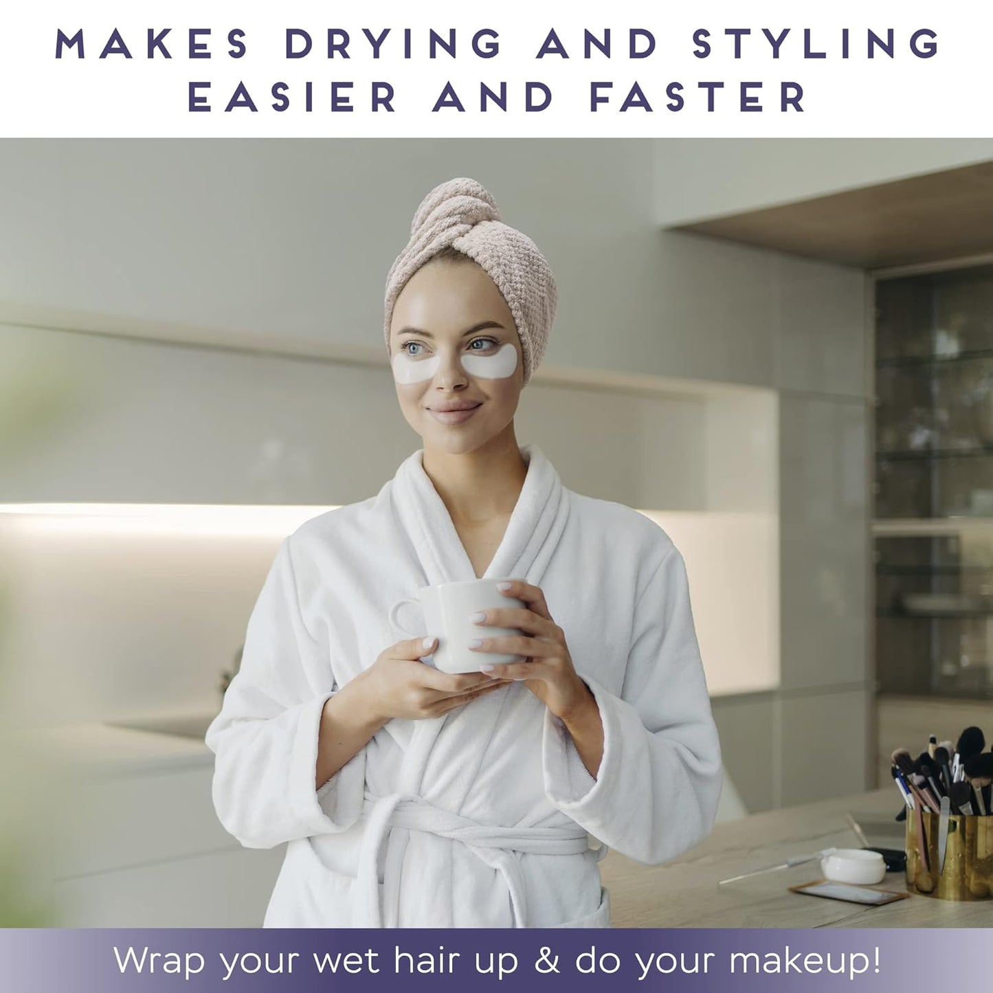 2 Pack Microfiber Hair Towel Wrap for Women, Anti Frizz Quick Drying Hair Turban for All Hair Style, Absorbent and Lightweight (Beige)