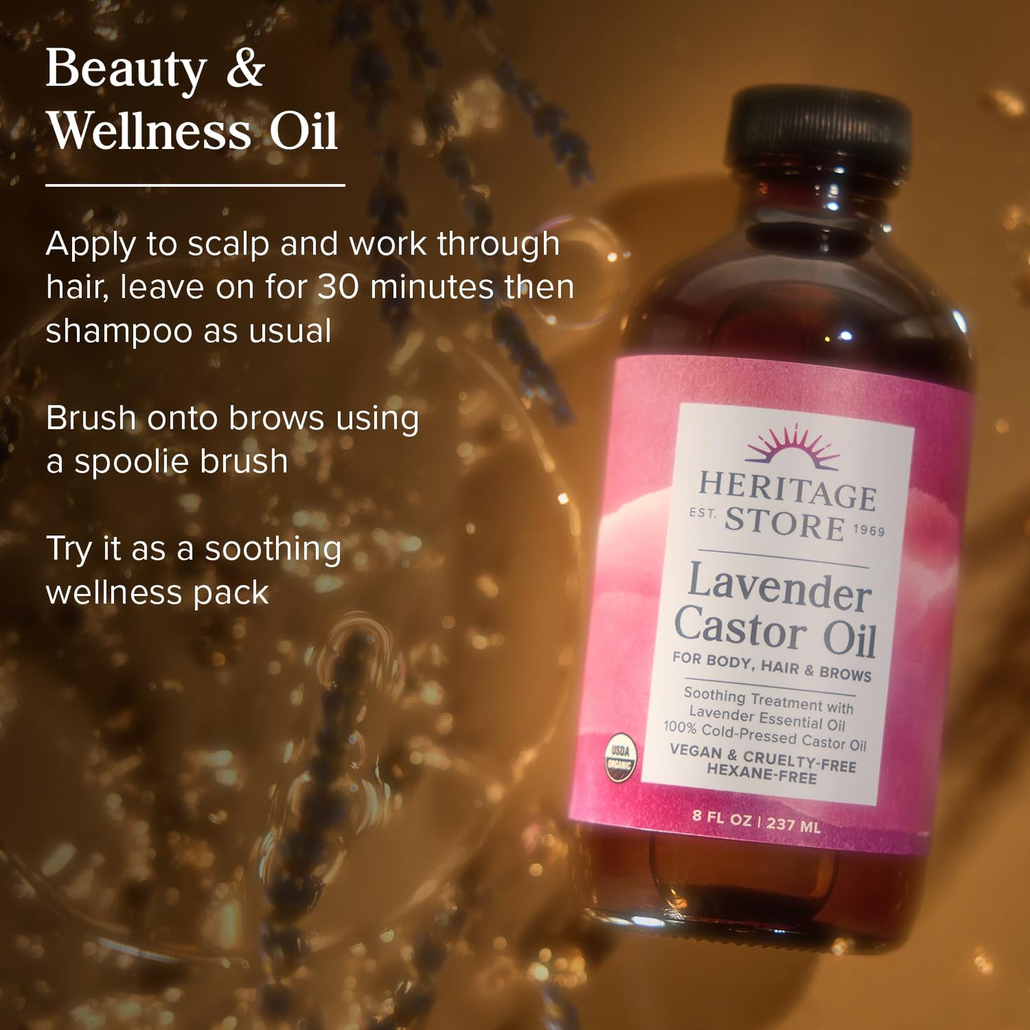 HERITAGE STORE Lavender Castor Oil Organic - Soothing Hair Treatment w/ Lavender Essential Oil - Hair Care, Skin Care, Castor Pack Wrap - Calming Scent, Vegan, Hexane Free, 60-Day Guarantee, 8oz