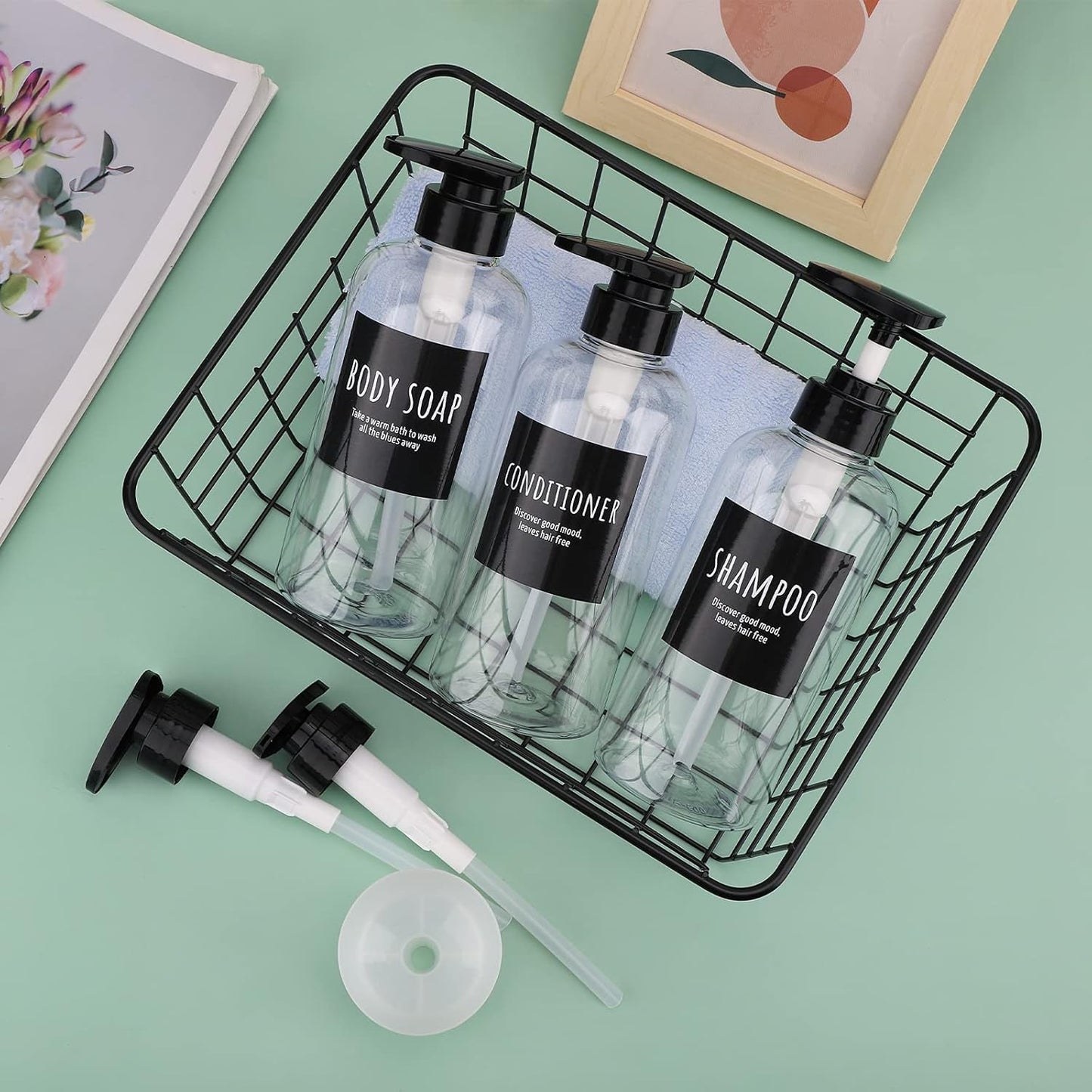 Shower Bottles with 2 Extra Pumps, Segbeauty 3 Packs of 16.9oz Shampoo and Conditioner Bottles with Funnel, 500ml Clear Refillable Bathroom Body Wash Dispenser, Reusable PET Squeeze Bottles with Pump