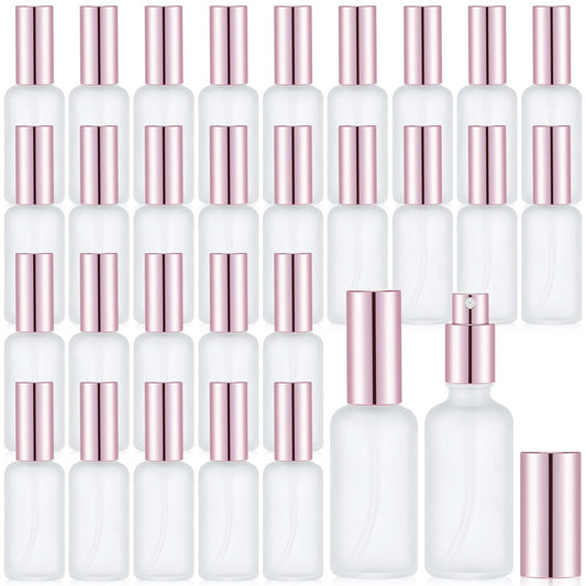 Roshtia 30 Pcs 1.69 oz/ 50 ml Rose Gold Glass Spray Bottle Refillable Perfume Atomizer Clear Decorative Empty Bottles with Fine Mist Sprayer Pump for Face Body Travel