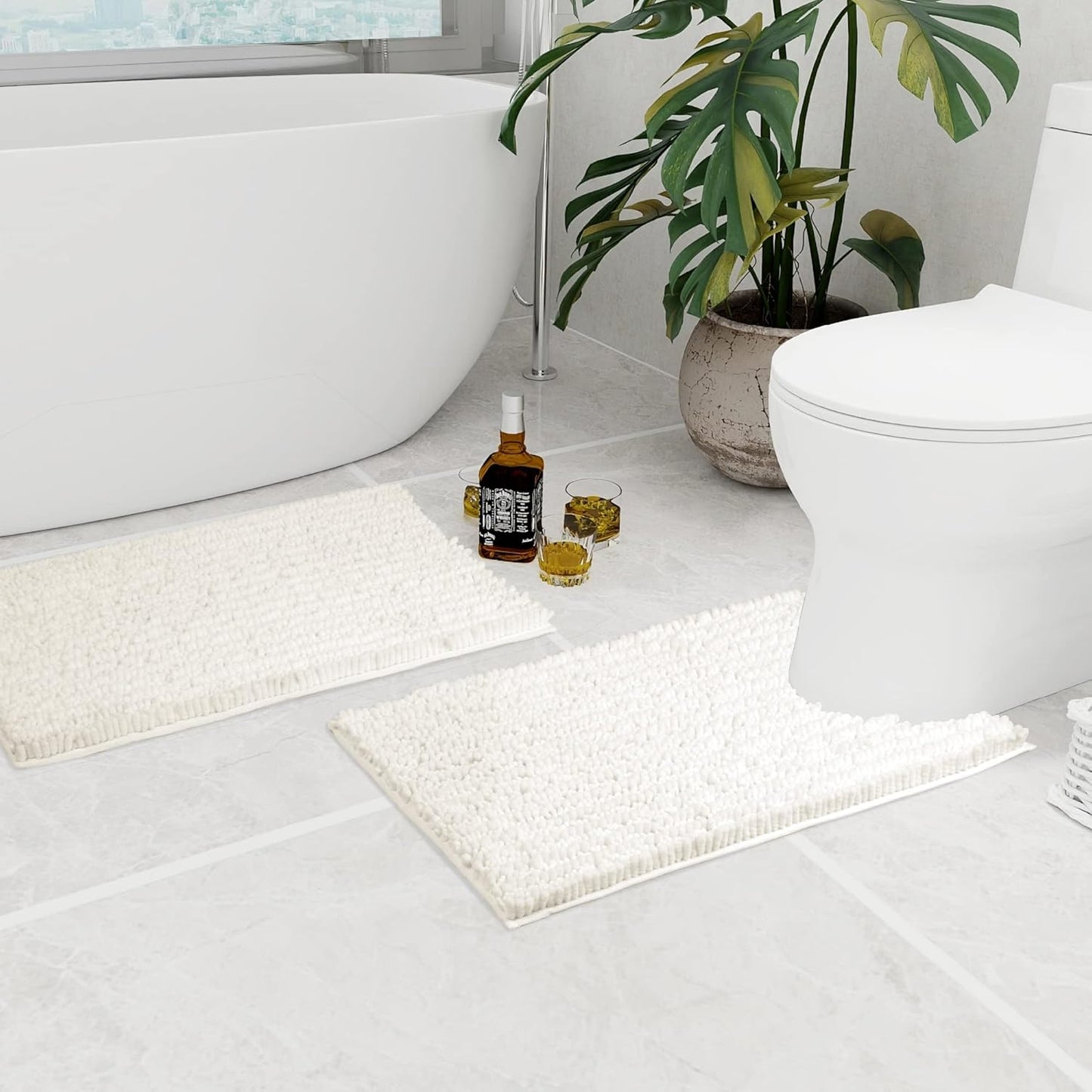 Walensee Bathroom Rug 2 Pieces Set Non Slip Bath Mat (20"x32" Plus 20"x24" U Ivory) Water Absorbent Super Soft Shaggy Chenille Machine Washable Dry Extra Thick Perfect Carpet for Shower Floor