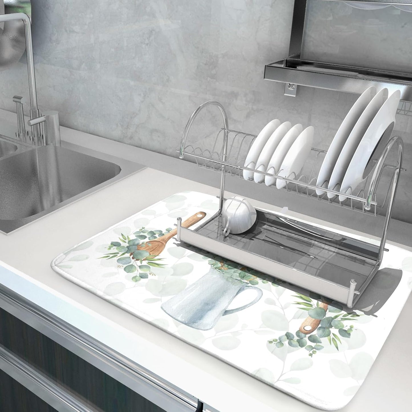 Sage Green Dish Drying Mat for Kitchen Counter, Cooking Supplies Reversible Dish Drainer Rack Pad Fast Dry Kitchen Accessories 18x24 Inch