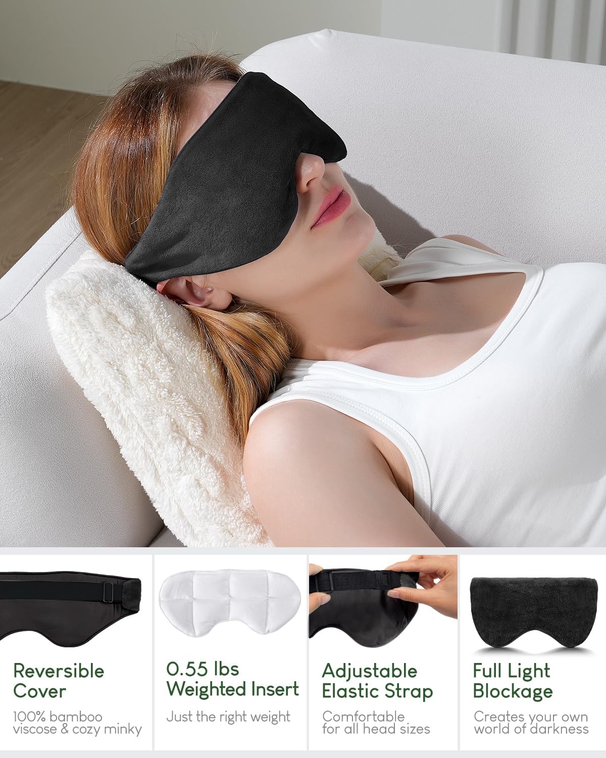 Sivio Weighted Eye Mask for Women & Men, Heatable and Freezable Weighted Eye Pillow with Silica Beads & Adjustable Strap, Soft Breathable Cotton Eye Cover for Sleeping Faster and Better, Black