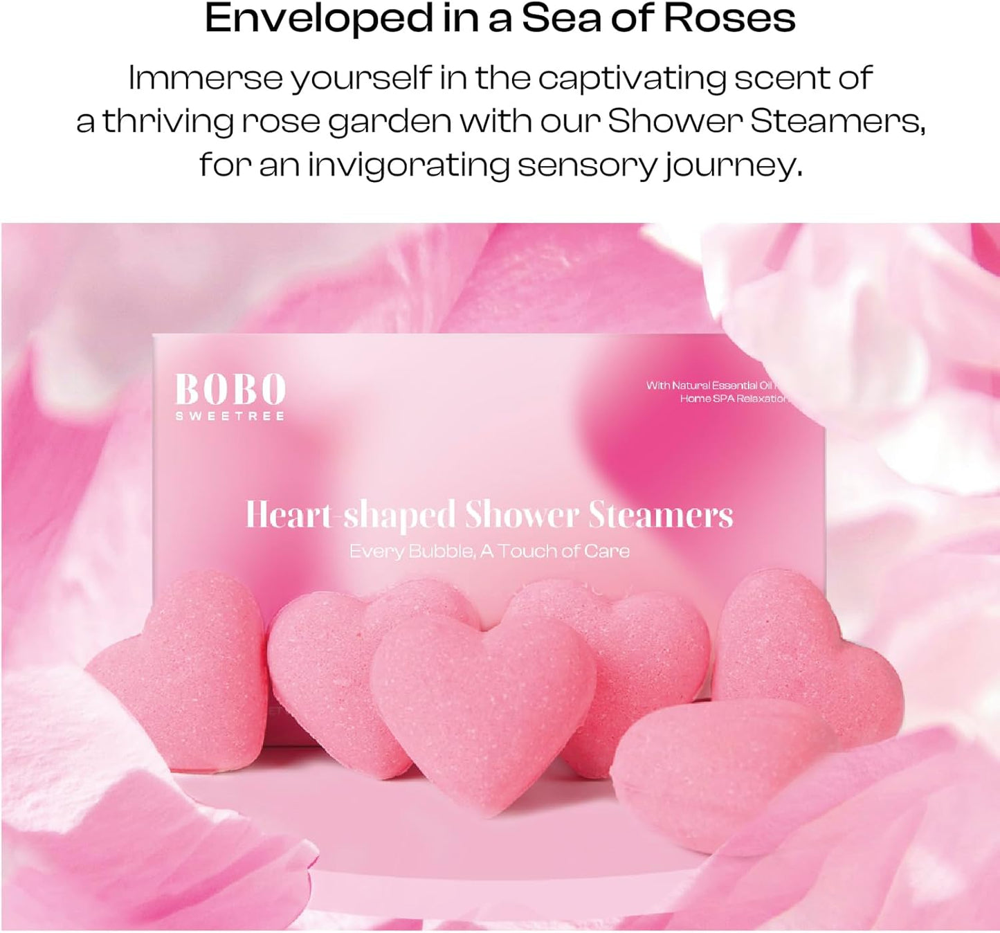Shower Steamers Aromatherapy Heart-Shaped Pink with Rose Scent Natural Essential Oil for Self Care Home Spa Birthday Gift Daughter Wife Mom, Pack of 6 (Pink)