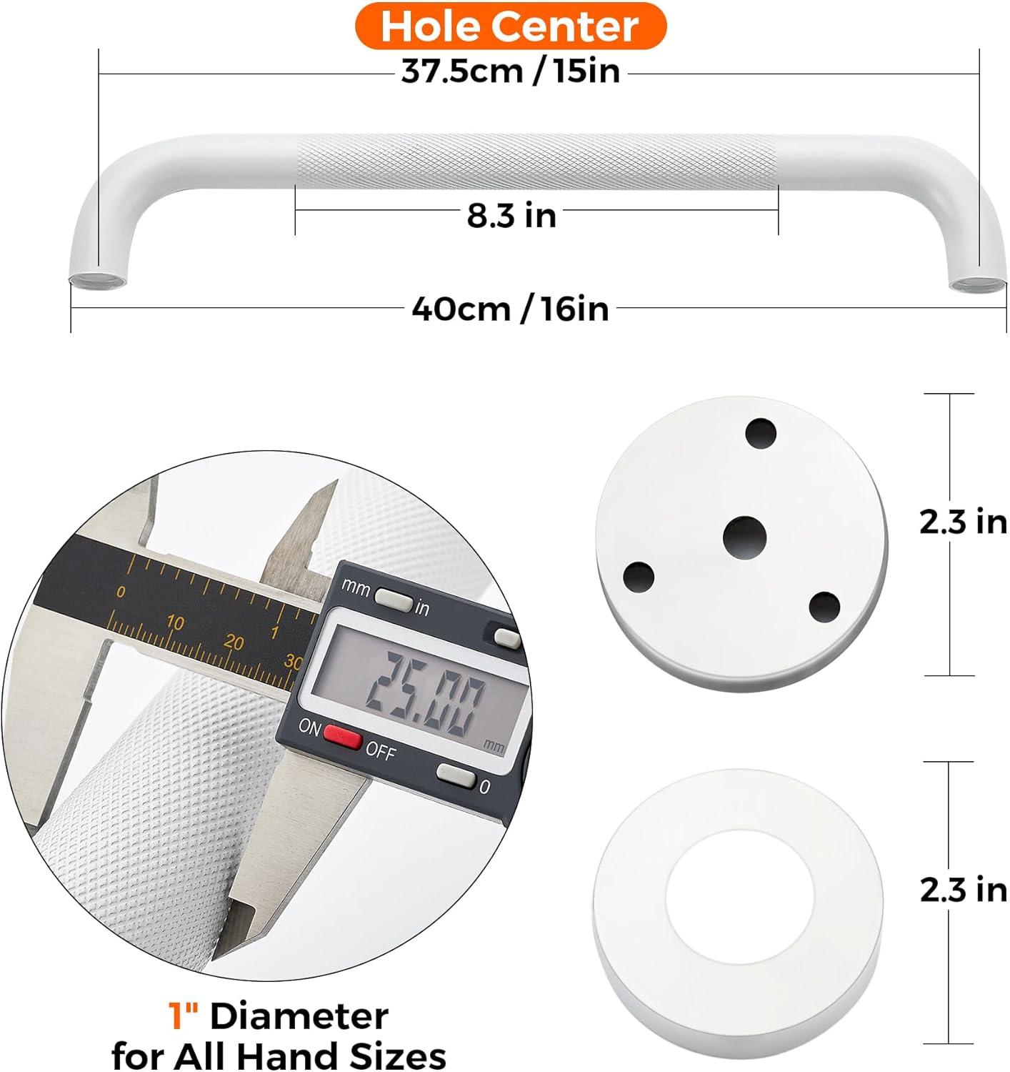 Grab Bars for Shower, 2 Pack 16-Inch Anti Slip Shower Handles for Elderly, Safety Shower Grab Bar, Stainless Steel Handicap Grab Bars for Bathroom (White 1" Diameter)