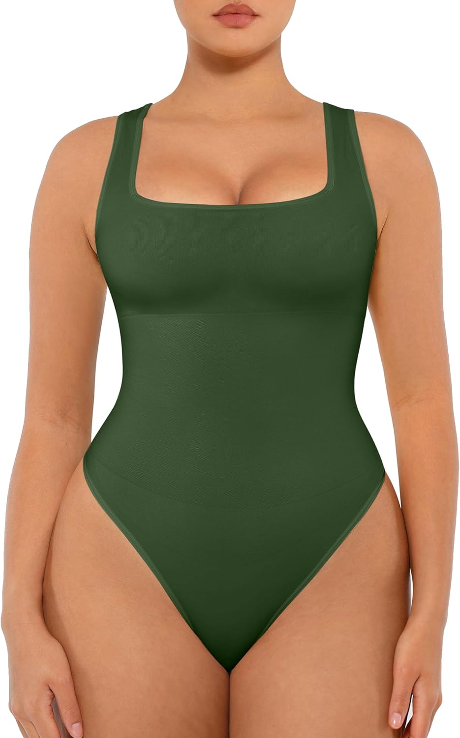 FeelinGirl Bodysuits for Women Seamless Square Neck Tummy Control Compression Thong Shapewear Bodysuit Tank Tops Bodysuit