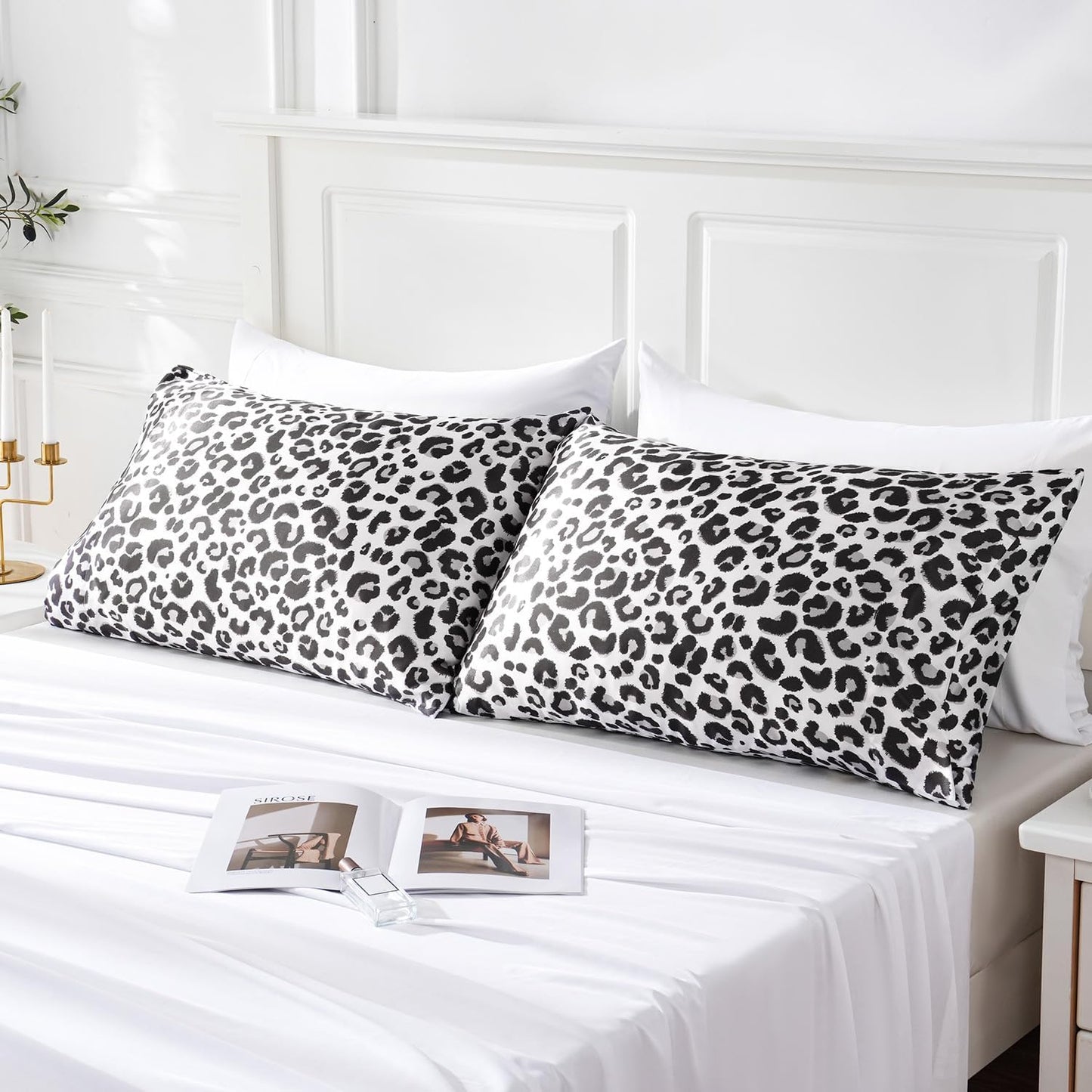 MR&HM Satin Pillowcase for Hair and Skin, Silk Satin Pillowcase 2 Pack, King Size Pillow Cases Set of 2, Silky Pillow Cover with Envelope Closure (20x40, White Leopard)