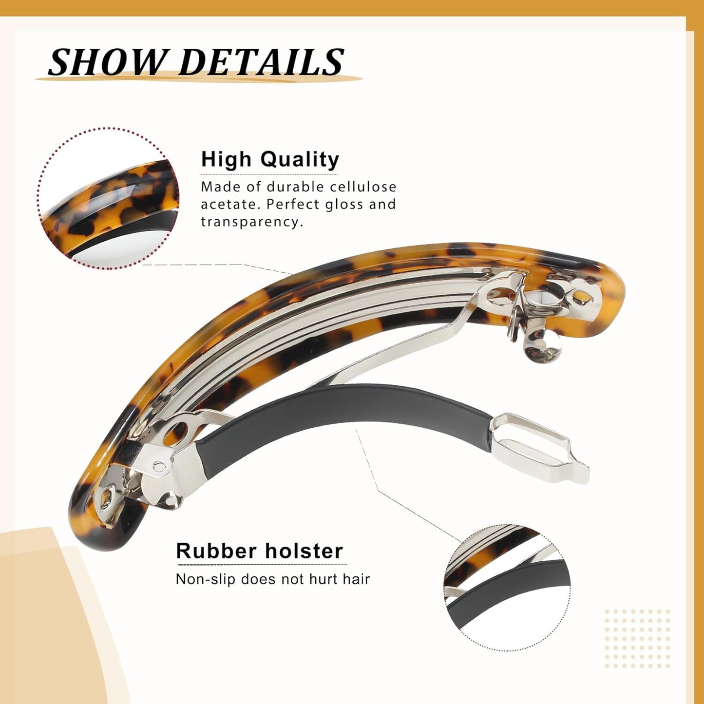 Large Hair Barrettes for Women Beautiful Lines Simple Retro Classic Snap French Hair Clips, Fashion Hair Accessories for Women Thick Hair 3 Pcs (HJ-Tortoise Shell)