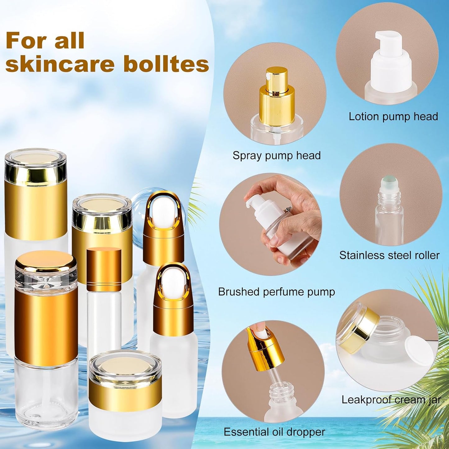 30 Pack TSA Approved Glass Travel Skincare Containers, 1.3/1/0.7/0.3oz Refillable Traveling Size Containers with Pump, Jars & Essential Oil Bottle in Clear Zip Bag, Leak-Proof for Creams & Liquids