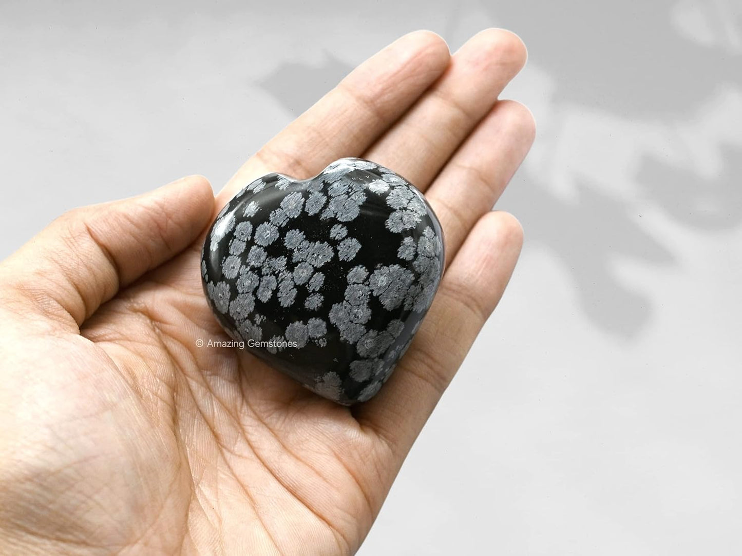 Amazing Gemstone Snowflake Obsidian Crystal Heart Palm Stone - Pocket Massage Worry Stone for Natural Body Chakra Balancing, Reiki Healing and Crystal Grid