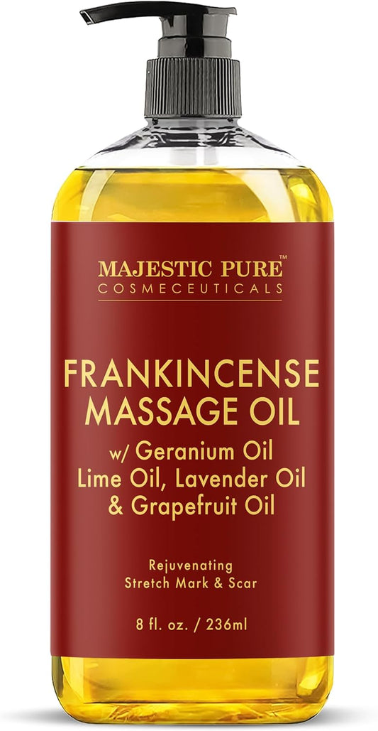 MAJESTIC PURE Frankincense Scar and Stretch Massage Oil for Massage Therapy - Refreshing, and Relaxing - Natural Oils with Frankincense Essential Oil - for All Skin Types - Men and Women - 8 fl oz