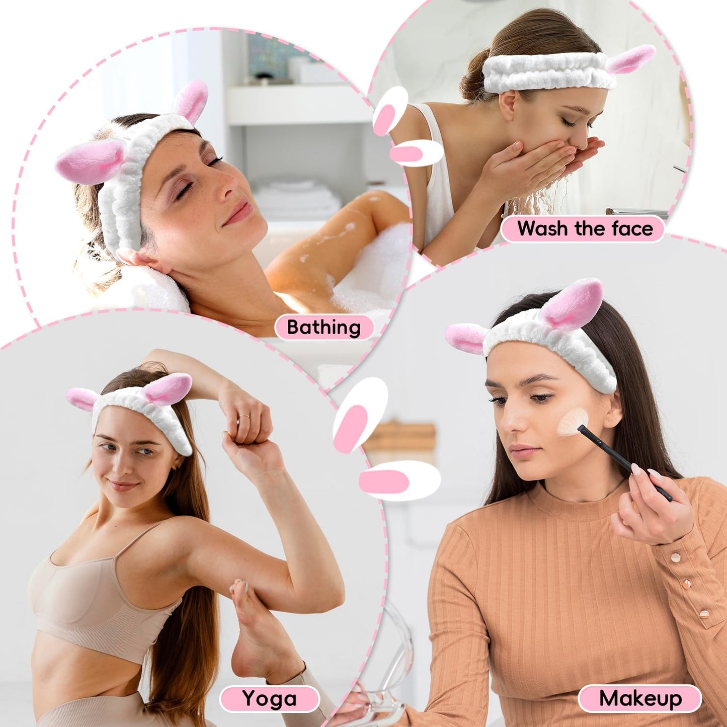Face Wash Headband, Skincare Wrist Bands For Washing Face Set Spa Hair Bands come with a Hair Scrunchie, Cute White Rabbit Ears Elastic Headband, For Face Washing Makeup Skincare (White)
