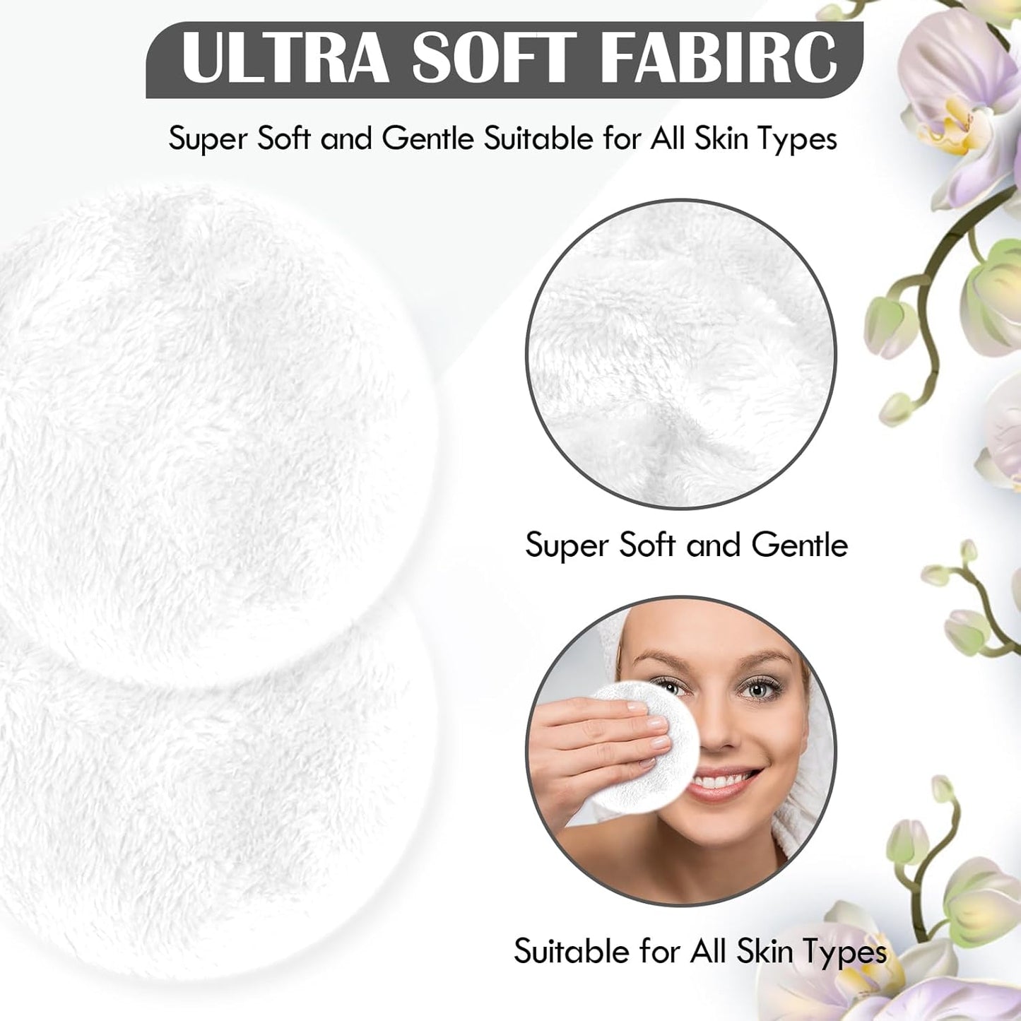 Orighty Reusable Microfiber Makeup Remover Pads 50 Count, Eco-Friendly Facial Cleansing Cloths, Round Shape, Super Soft, Ideal Gift with Laundry Bag (White)